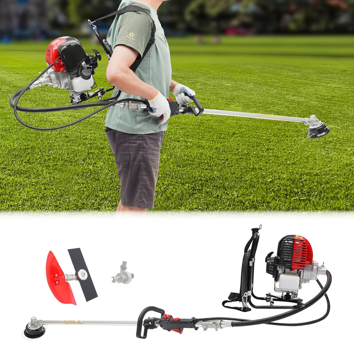 Cortador de escobillas, mochila 2 en 1 de 4 tiempos, de energía a gas, para malezas, 750 W, enfriador de aire, cortasetos de césped, cortacésped,