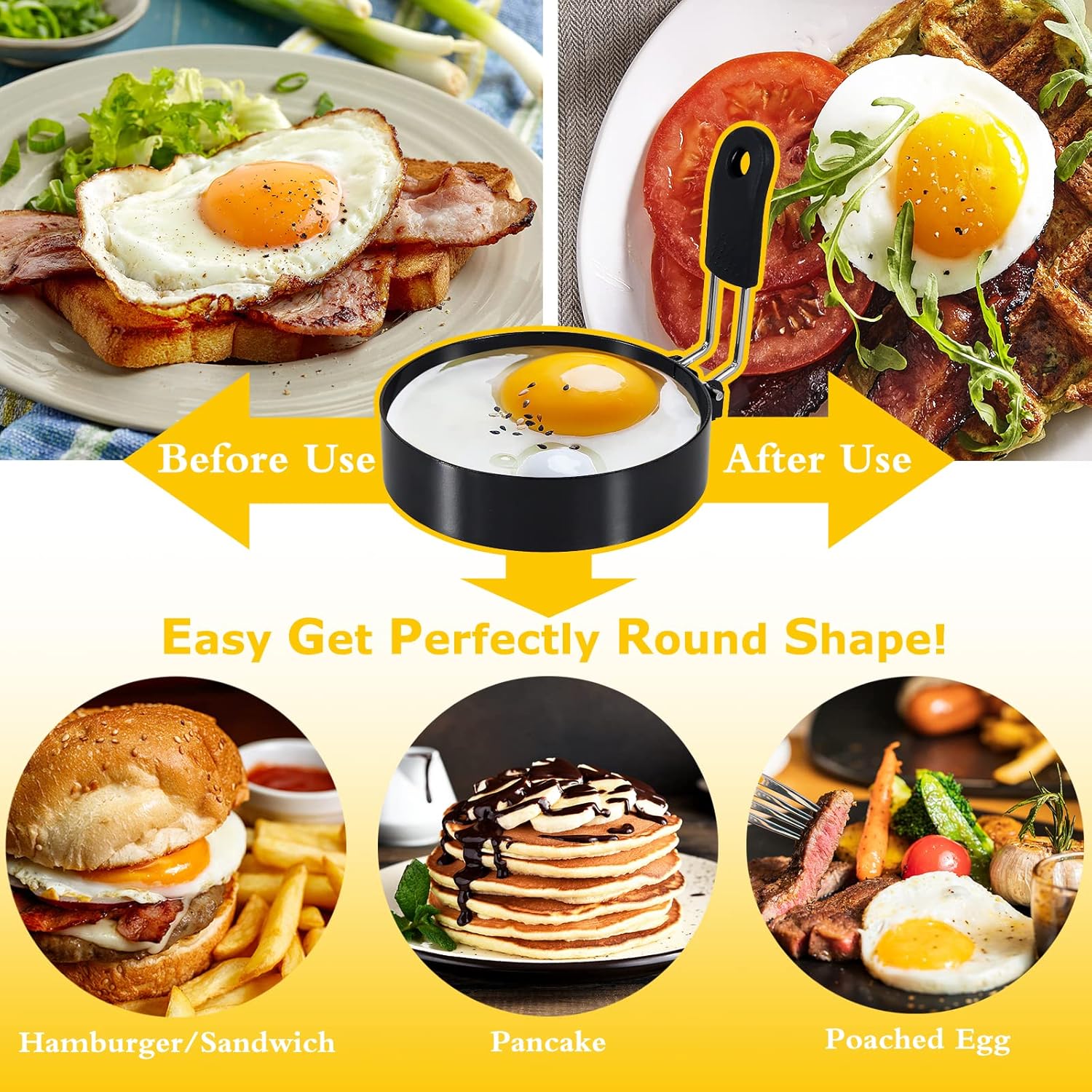Juego de anillos de huevo redondos y cuadrados de 4 pulgadas con mango de silicona, anillos de cocina de huevos de acero inoxidable, antiadherentes,