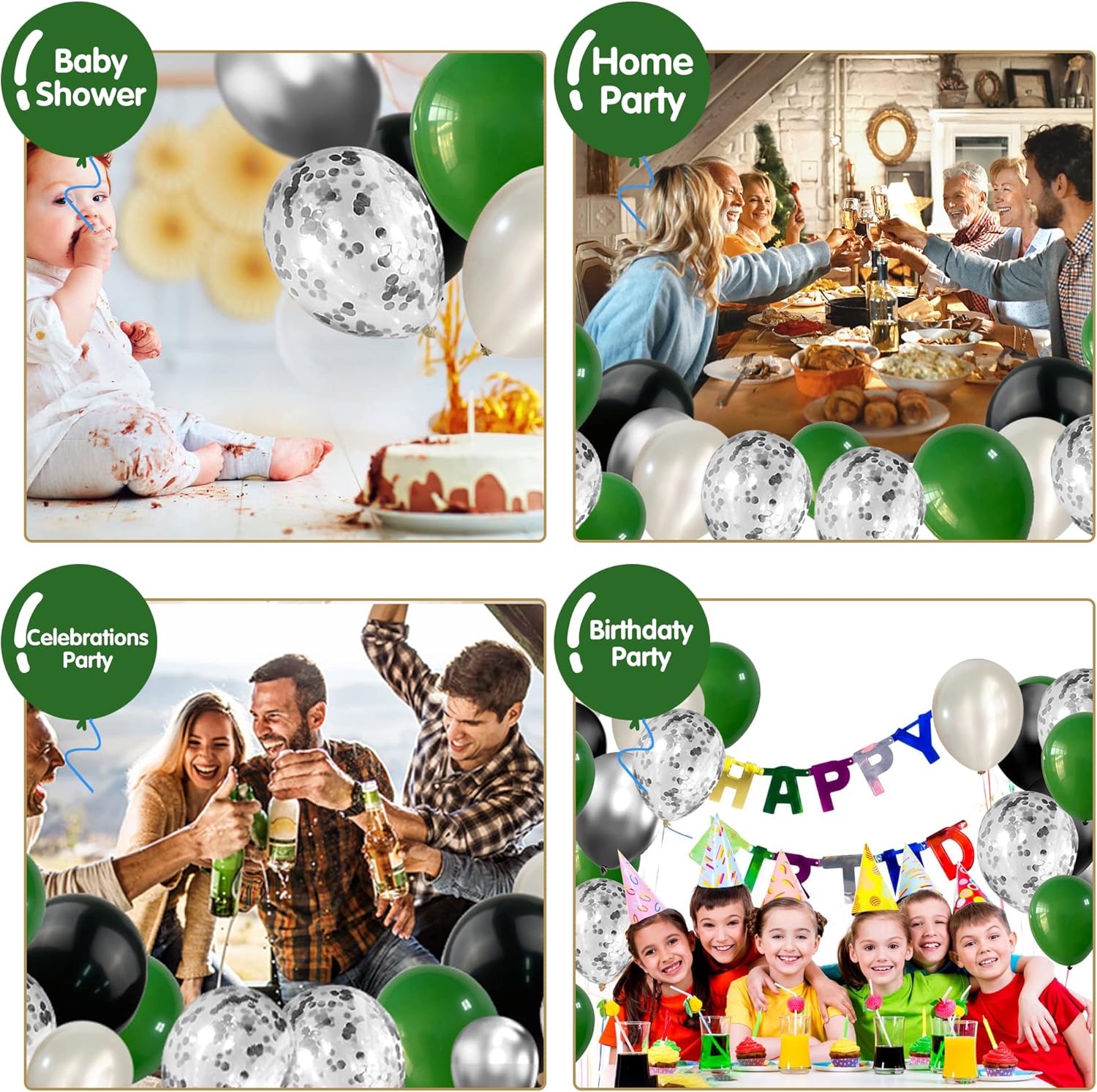 100 globos de color verde, plateado, negro y blanco, cromados, metálicos y globos de confeti para decoraciones de graduación, cumpleaños, baby