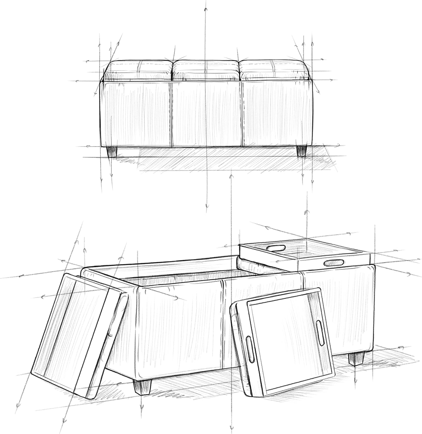 Otomana rectangular de Simpli Home de piel sintética para almacenamiento con 3 bandejas, Avalon, Madera