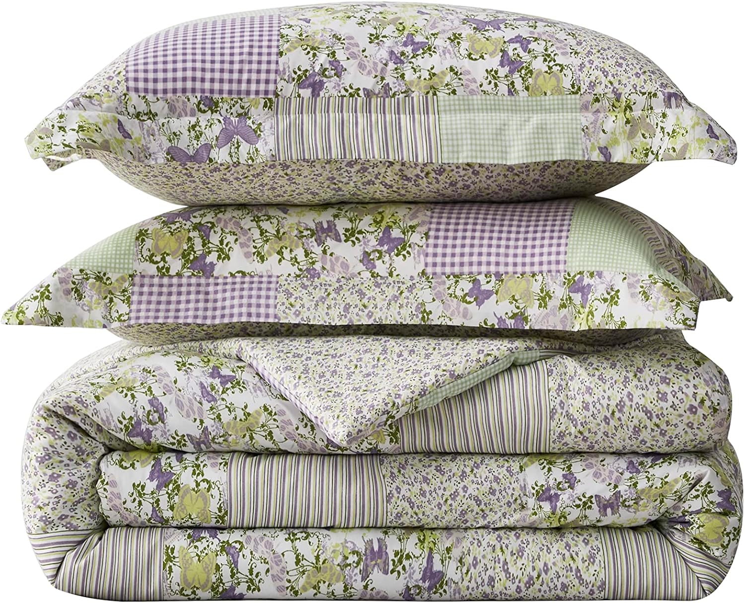 Chezmoi Collection Daisy – Juego de edredón de retazos estampado de 3 piezas, diseño a rayas de caramelo botánico de mariposa morada, a cuadros,