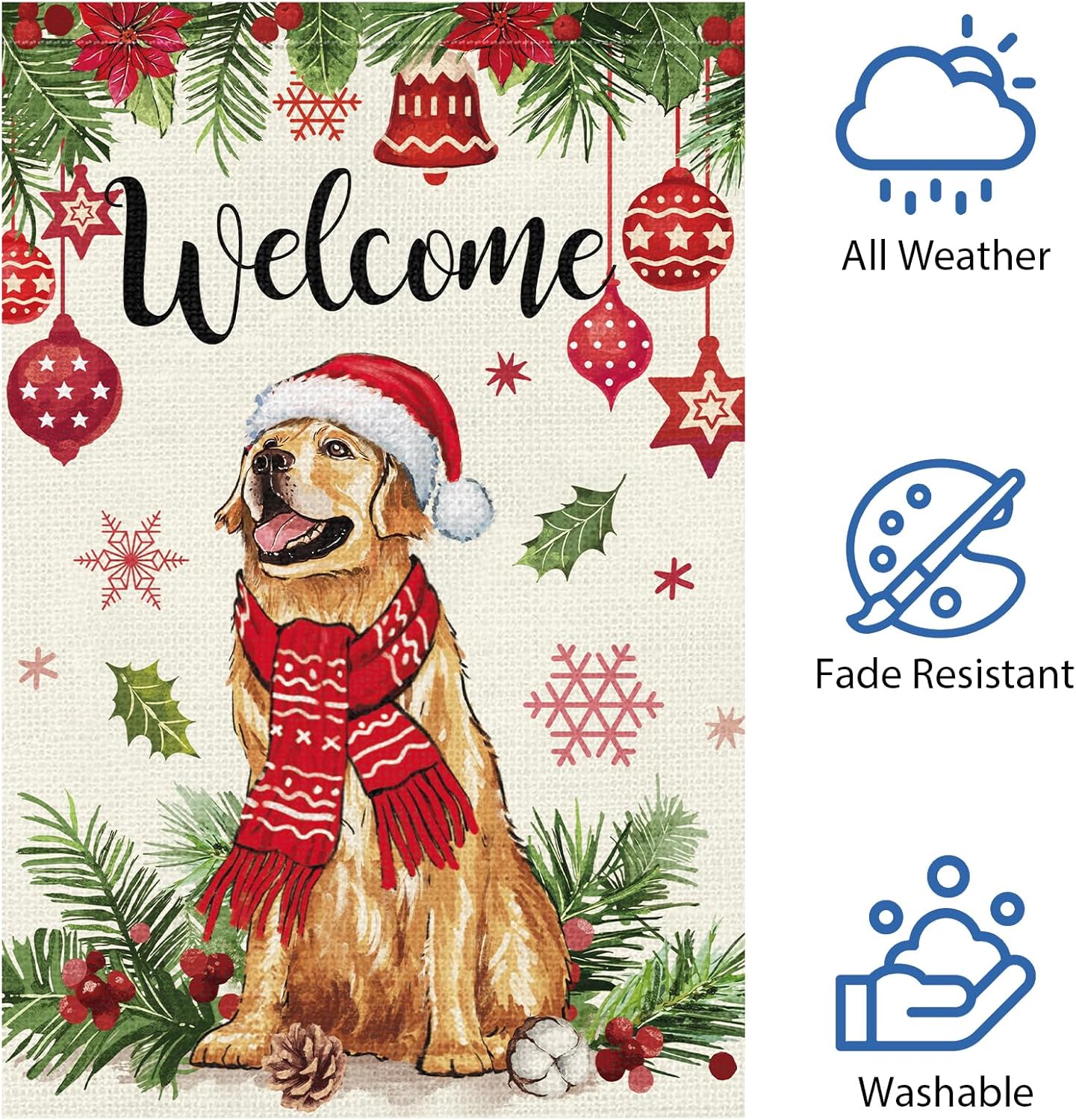 Bandera navideña de bienvenida para jardín, 12 x 18 pulgadas, arpillera de doble cara de perro Golden Retriever con sombrero de Navidad, banderas de