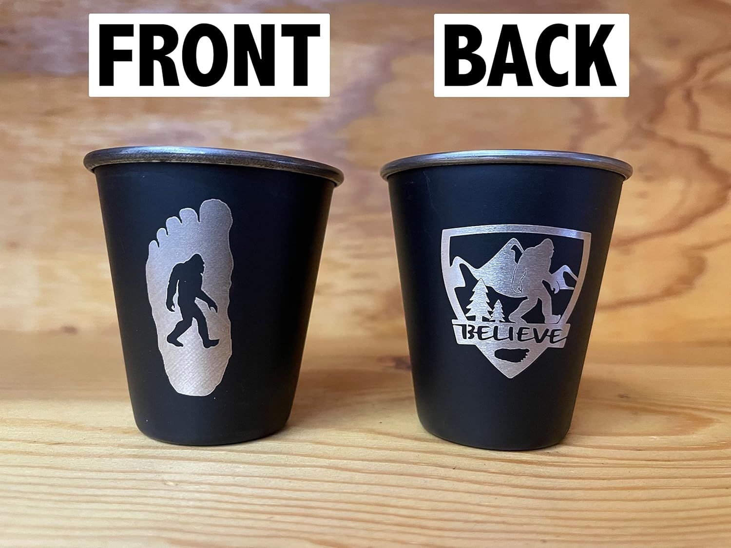 BELIEVE Bigfoot Shield – Vaso de chupito de acero inoxidable – BigfootSasquatchYetiWilderness Gift – Diseñado y fabricado en los Estados Unidos