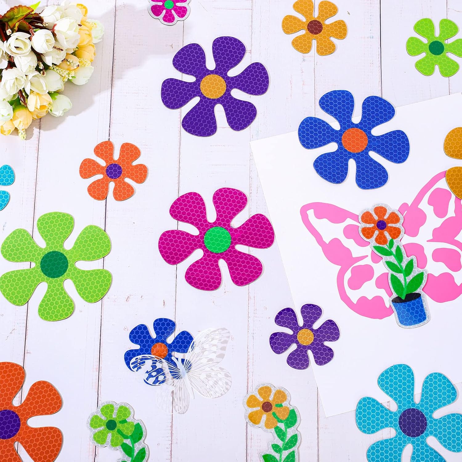 Whaline 24 calcomanías magnéticas de flores reflectantes multicolor para refrigerador, calcomanías magnéticas para buzón de metal (no para vehículos