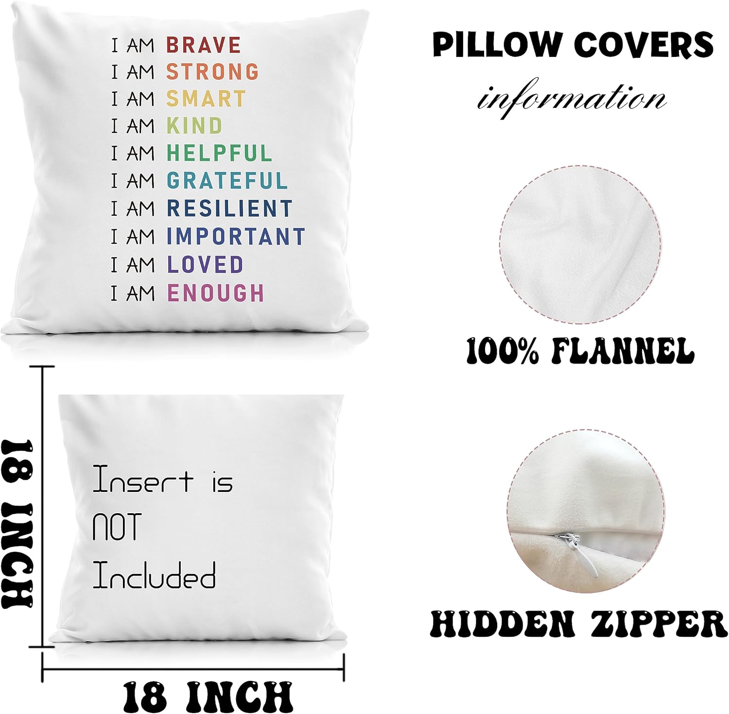 Funda de almohada de afirmaciones positivas de arcoíris de 18 x 18 pulgadas, funda de almohada decorativa inspiradora con texto en inglés “I am