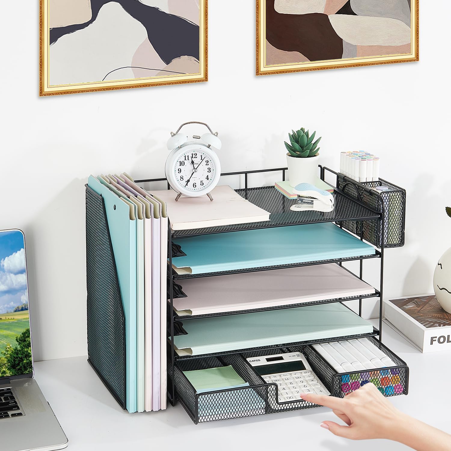 Youbetia Organizador de bandeja de papel con soporte para archivos de malla, accesorios de escritorio de 5 niveles y organizadores de escritorio