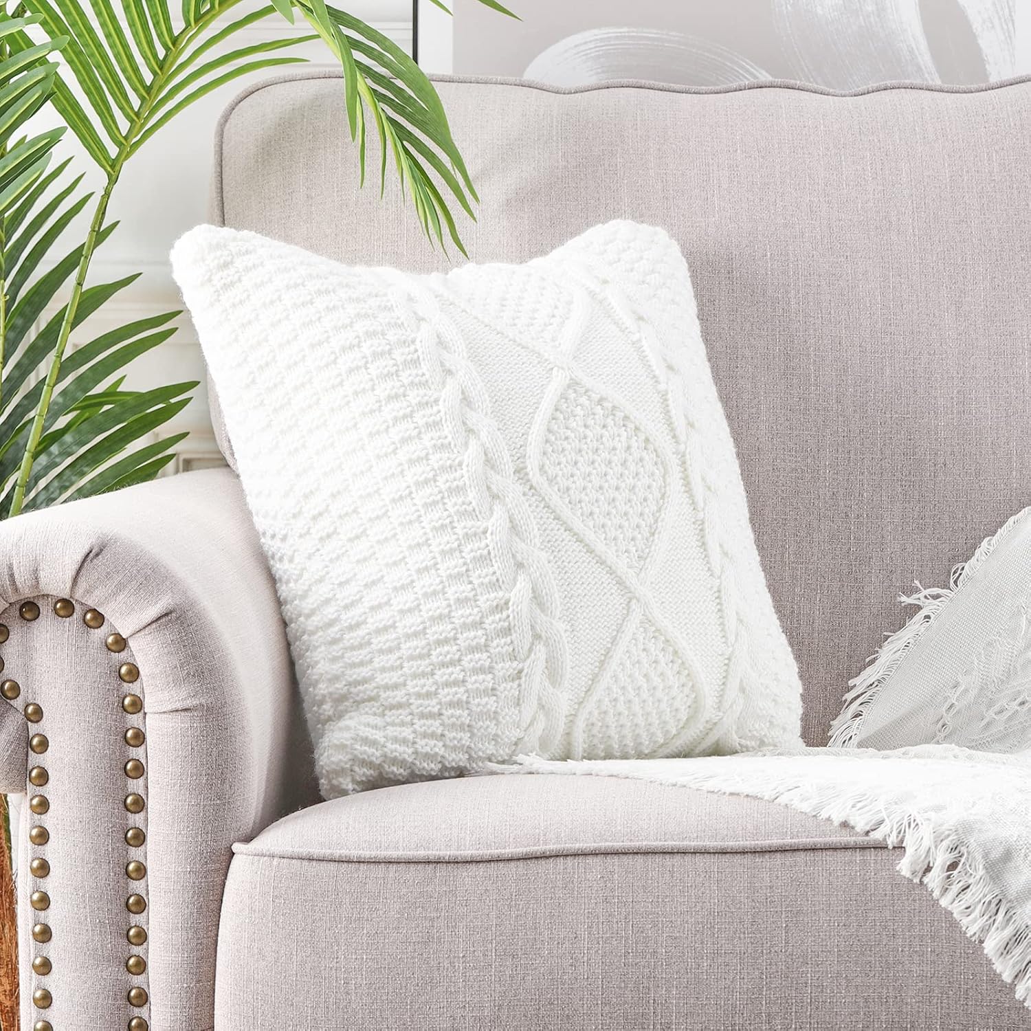 MANDIOO Fundas de almohada decorativas de algodón de punto blanco crema, fundas de cojín suaves y acogedoras para exteriores, fundas de almohada