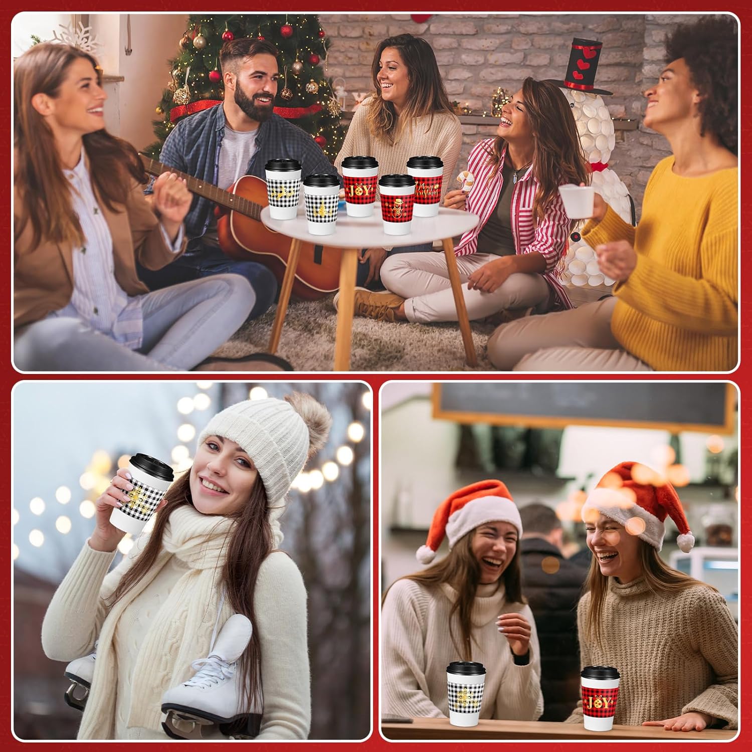 Meanplan Tazas de café desechables de Navidad de 12 onzas con tapas, popotes y fundas de papel de Navidad, tazas de papel de café con tapas planas