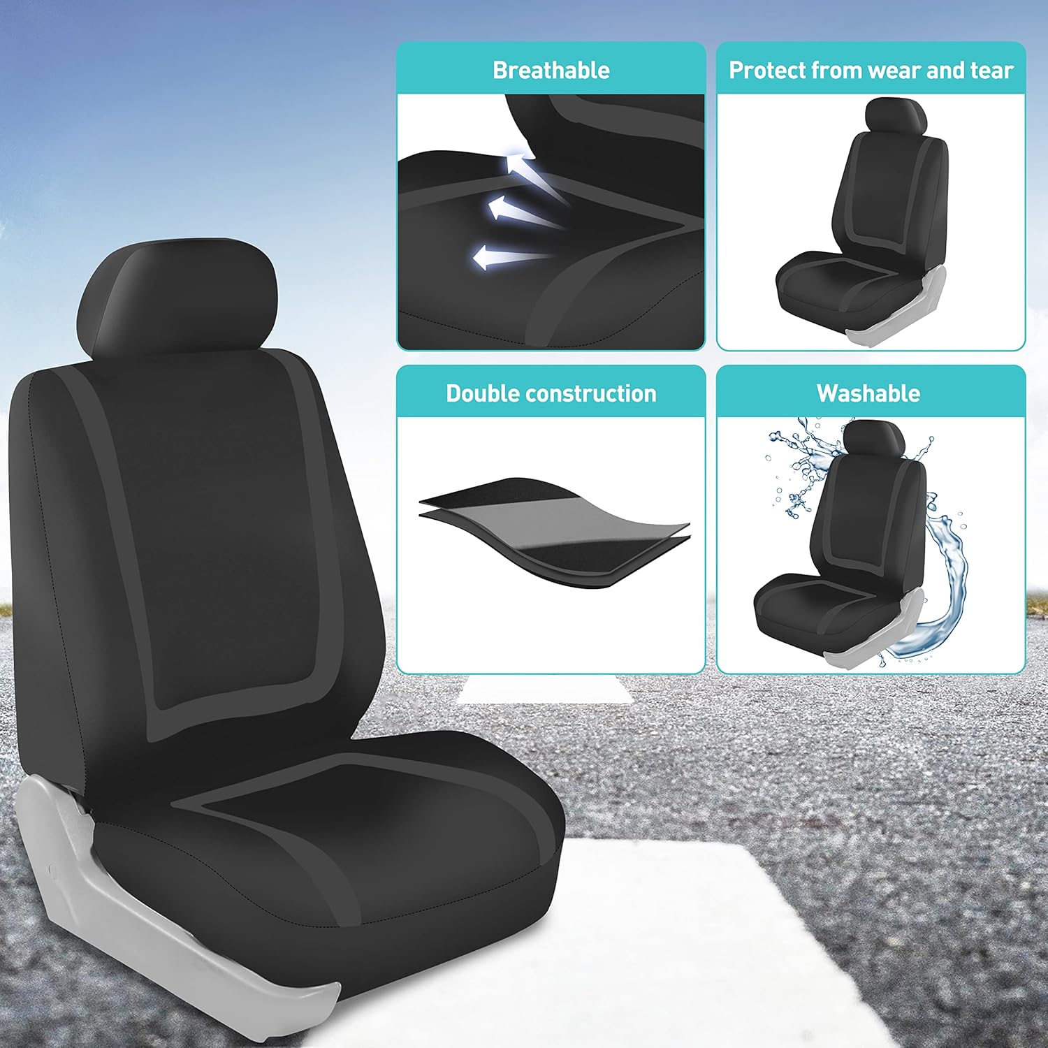 FH Group – Juego completo de fundas de asiento de automóvil, de tela negra, ajuste universal, de asiento delantero de respaldo bajo y de asiento