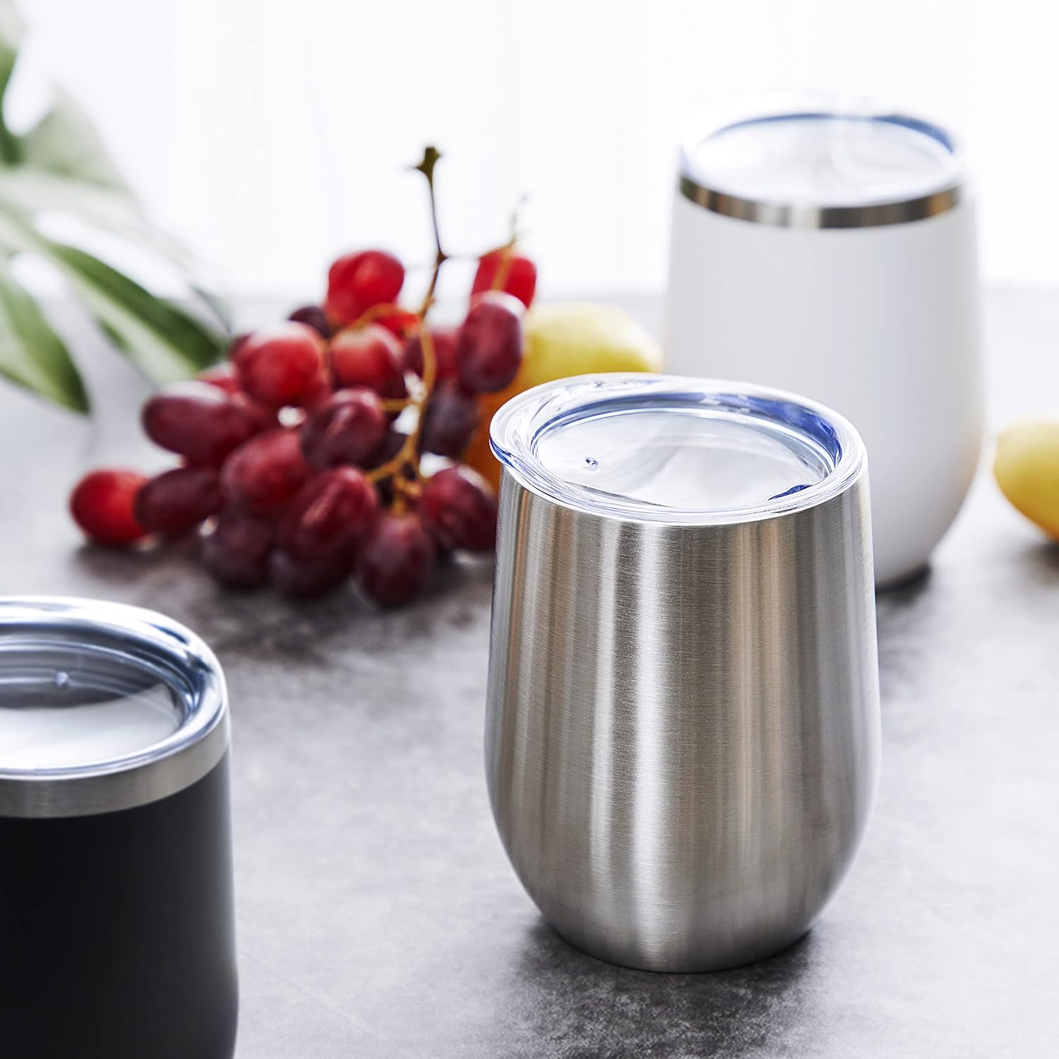 Paquete de 6 vasos de vino de acero inoxidable con tapa, doble pared aislada al vacío, juego de vasos de viaje para vino, café, champán (negro,