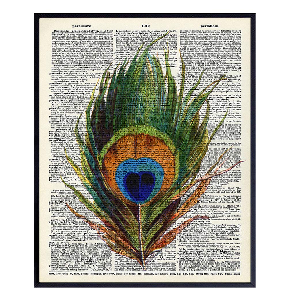 Upcycled Dictionary Wall Art Print – Vintage 8×10 Unframed Photo – Makes a Great Gift – Chic Home Decor – Peacock Feather