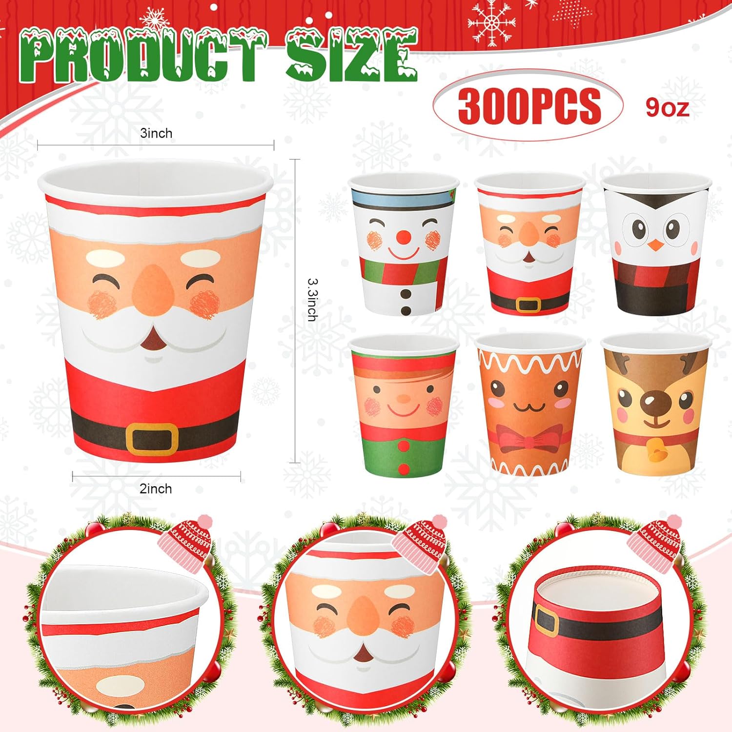 300 vasos de papel de Navidad desechables de 9 onzas, tazas de café de Navidad, tazas de café de Navidad, elfo, muñeco de nieve, tazas de Papá Noel,