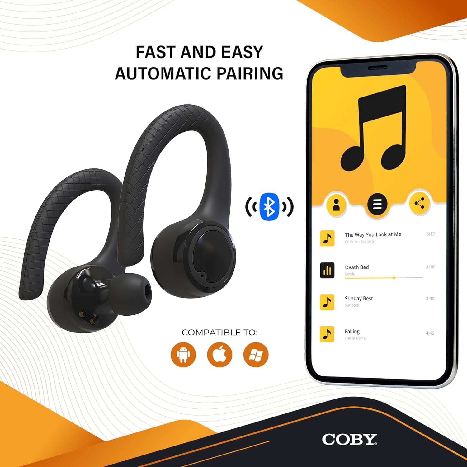 Coby Auriculares Bluetooth inalámbricos verdaderos  Ganchos y puntas intercambiables  Resistente al sudor  Tiempo de reproducción de 14 horas