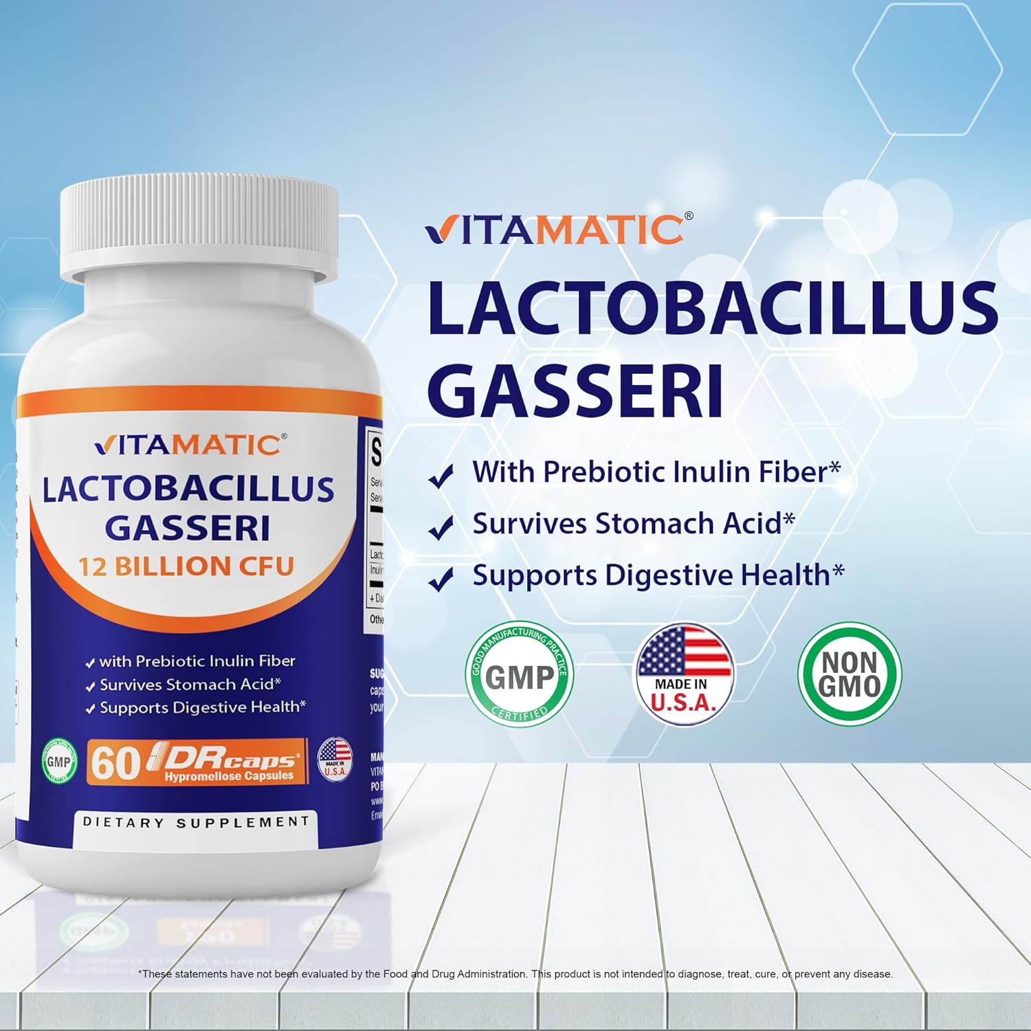 Vitamatic Lactobacillus Gasseri – 12 mil millones por cápsula DR – 60 unidades – Soporte digestivo – Fabricado con fibra prebiótica de inulina