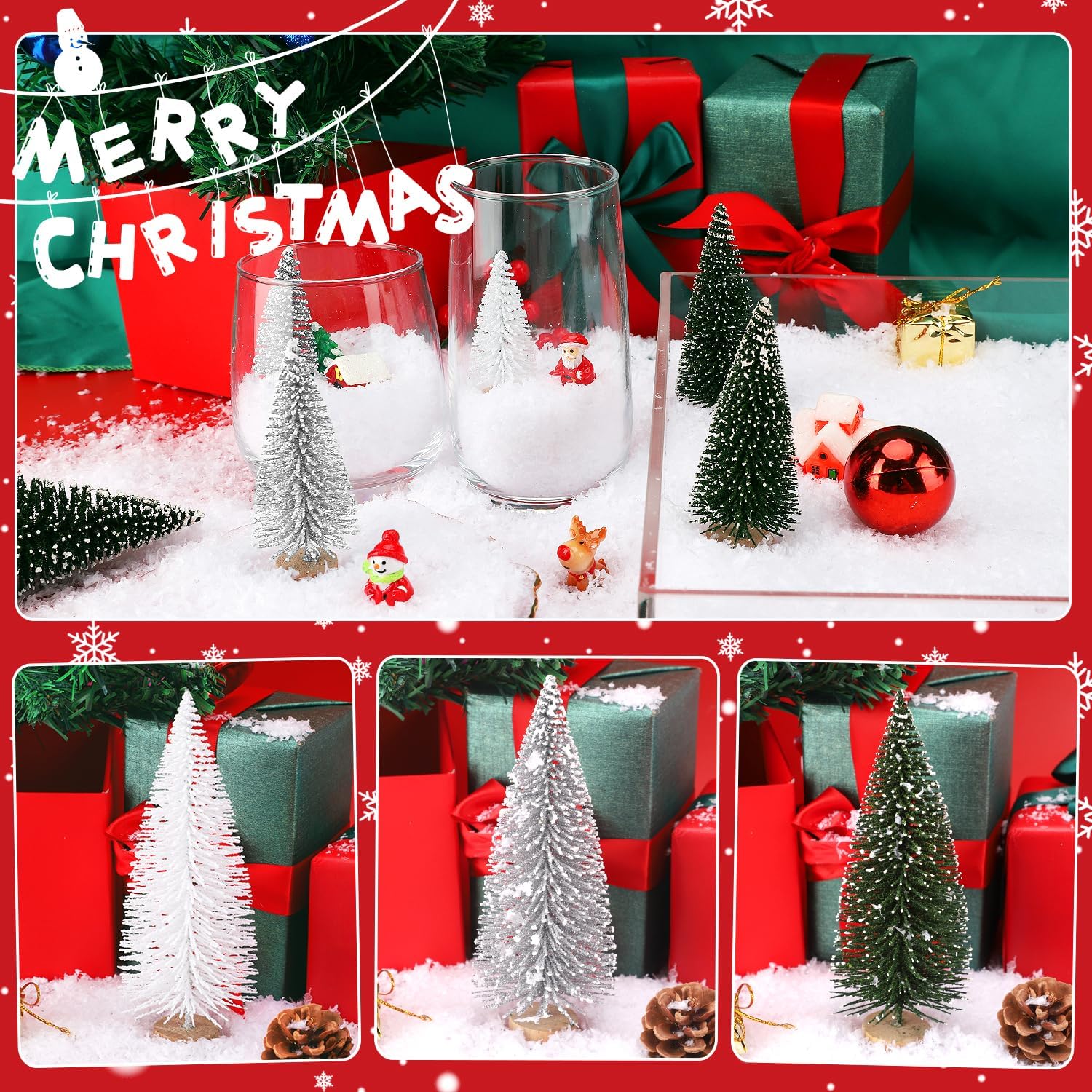 30 piezas de mini decoración de árbol de Navidad, árbol de Navidad artificial, 5 tamaños, mini árboles de escarcha de nieve de sisal con base de