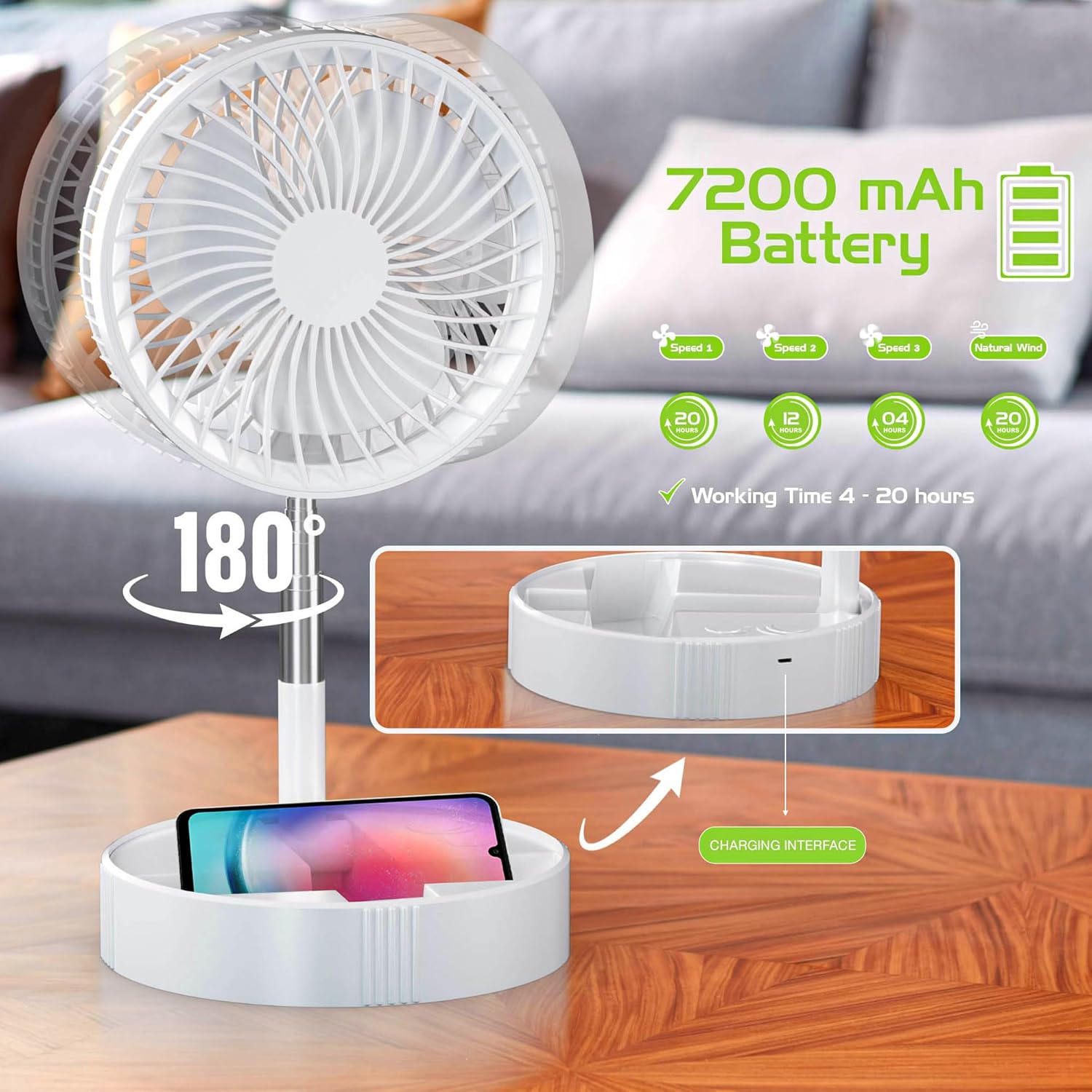 NOVELISH Ventilador de pedestal plegable, ventilador inalámbrico de pie, ventilador de escritorio plegable, batería recargable de 7200 mAh, diseño