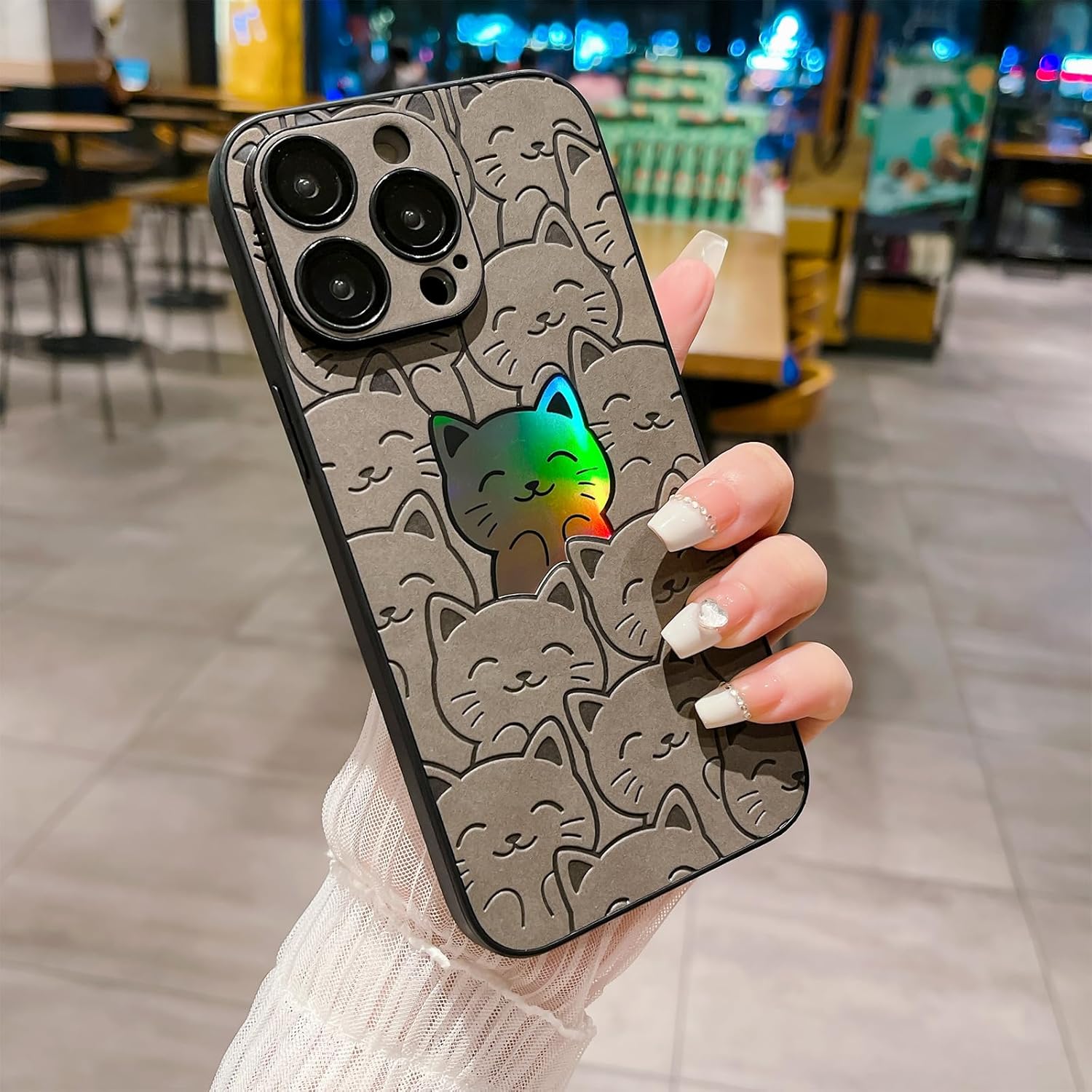 SPOBIT Compatible con iPhone 13 Pro Max, funda láser con bonito patrón de gato para mujeres y hombres, protección completa de la lente de la cámara,