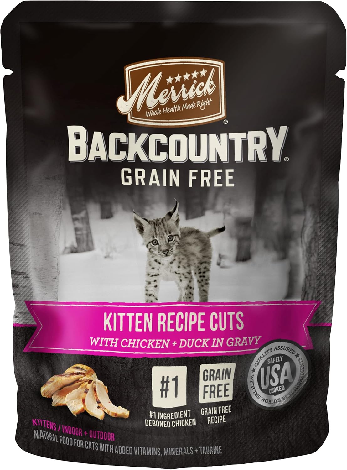 Merrick Backcountry – Alimento húmedo natural para gatos, cortes de receta de gatitos con pollo y pato en salsa, vitaminas y minerales añadidos,
