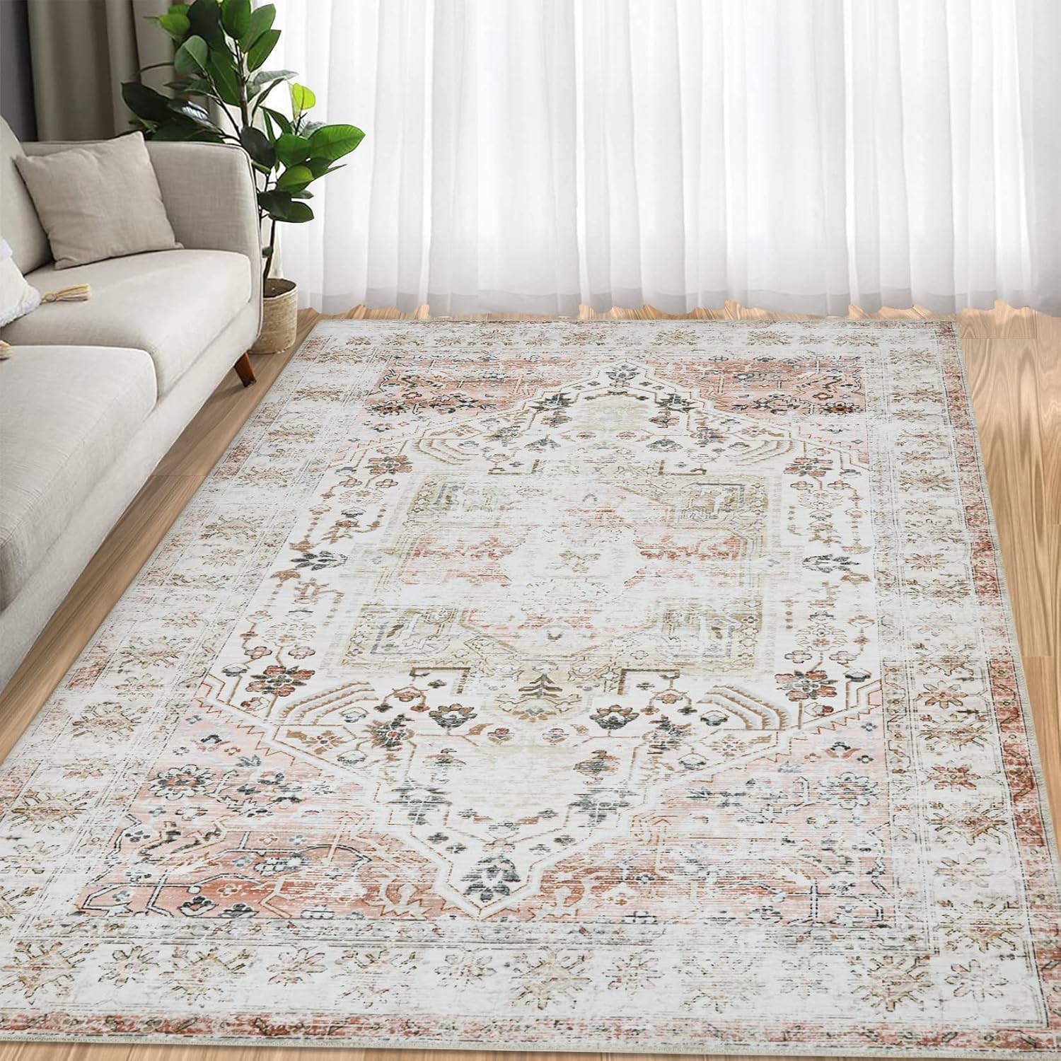 GlowSol Alfombra de área grande de 9 x 12 pies, lavable, estilo bohemio, alfombra vintage con estampado floral, suave, envejecida, plegable,