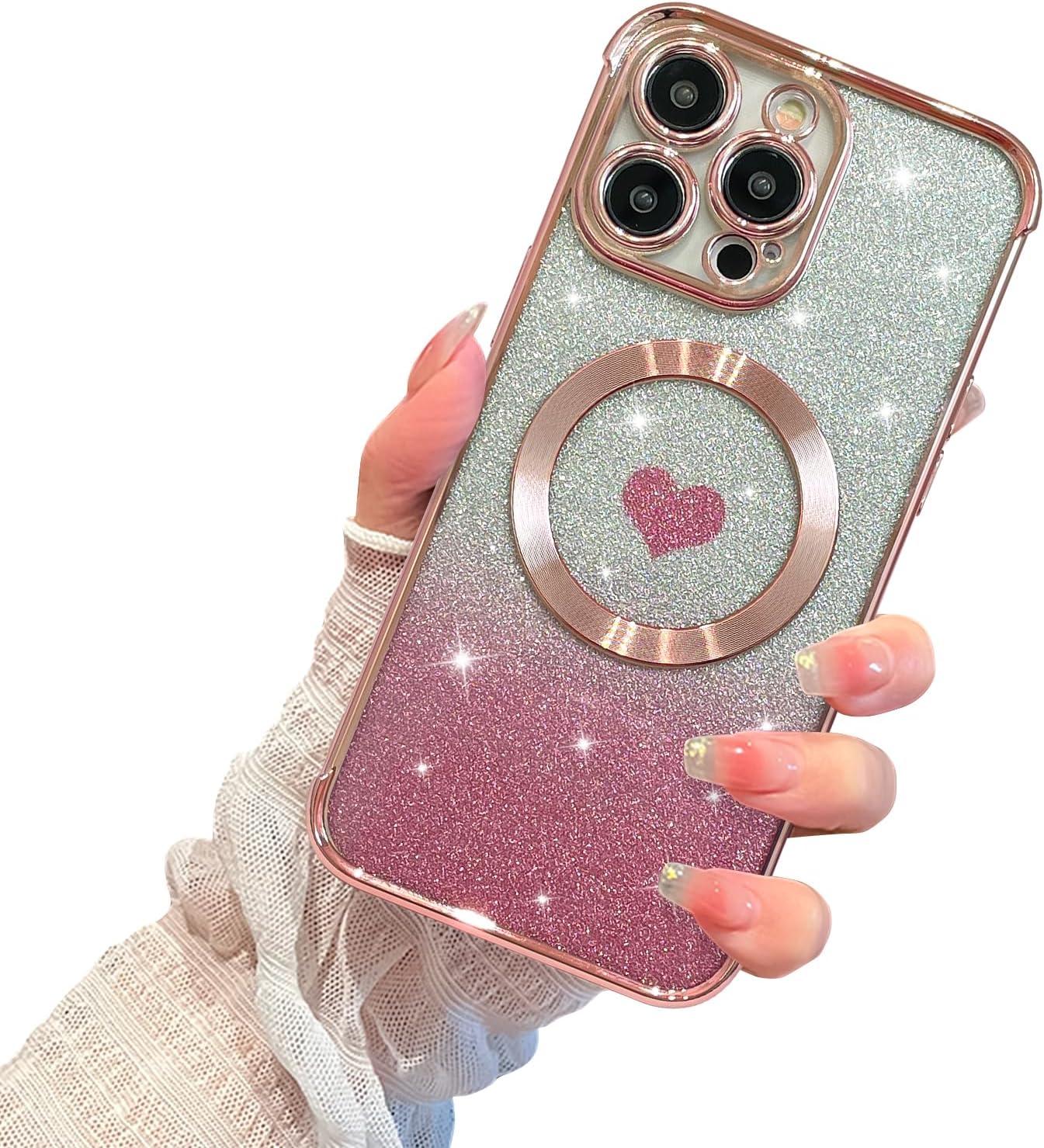 AIGOMARA Funda magnética transparente con purpurina para iPhone 15 Pro, compatible con Magsafe, cubierta de TPU suave chapado de lujo con corazones