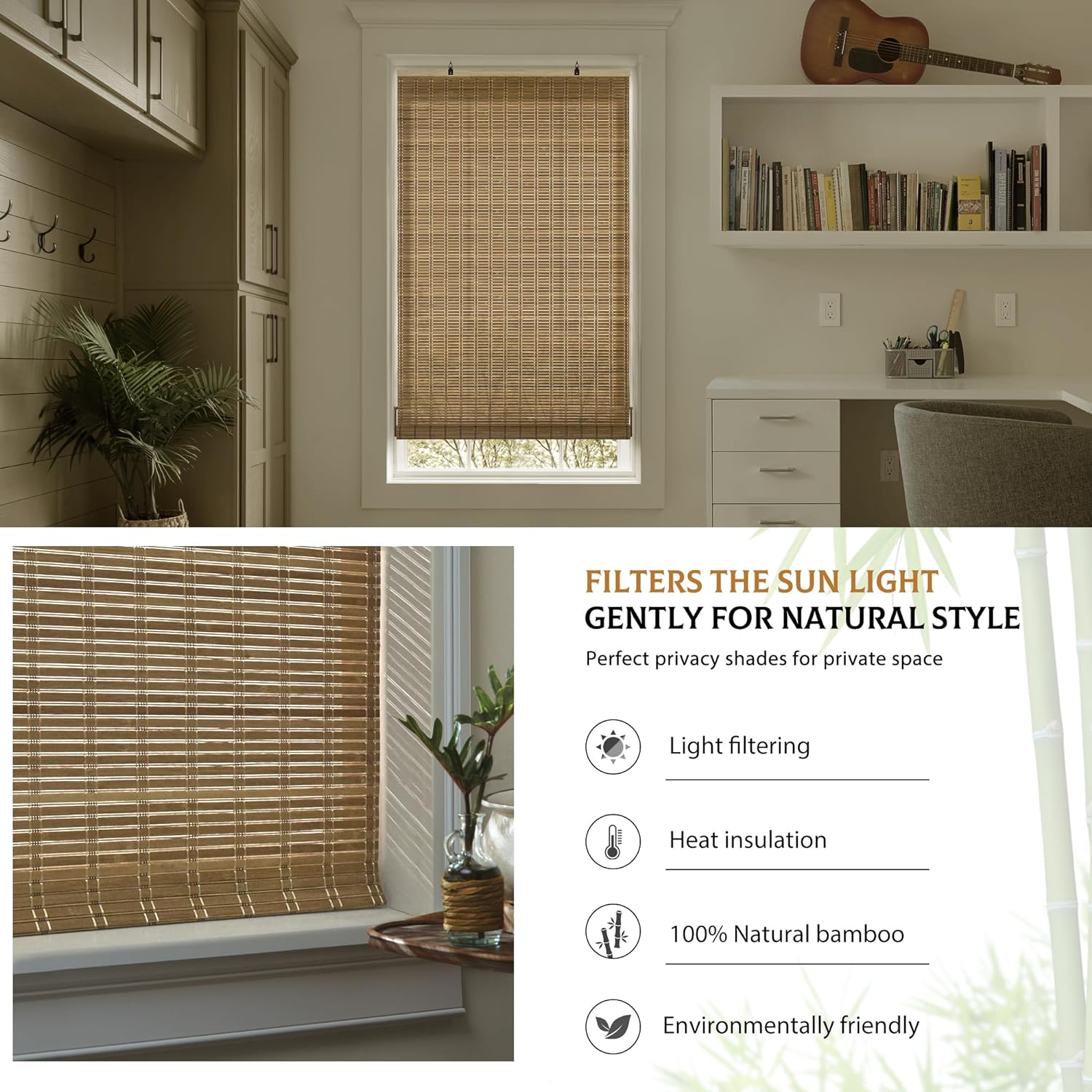 LazBlinds Persianas de bambú sin cordón, persianas enrollables de bambú para ventanas, cortinas colgantes con filtro de luz, persianas de bambú para