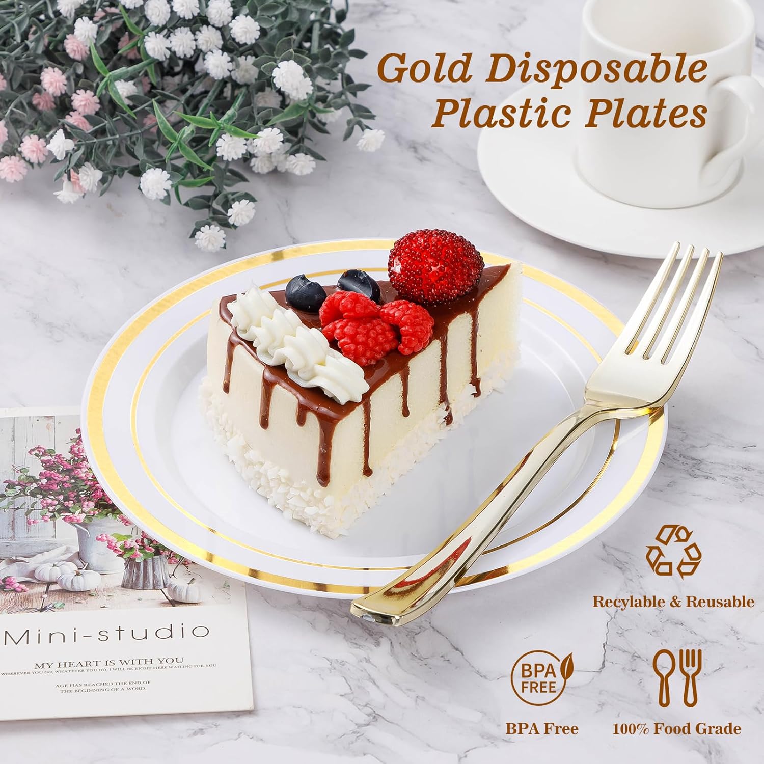 BESTVIP 100 platos de plástico dorados, platos desechables de 10.25 pulgadas para fiesta con borde dorado, platos de plástico desechables