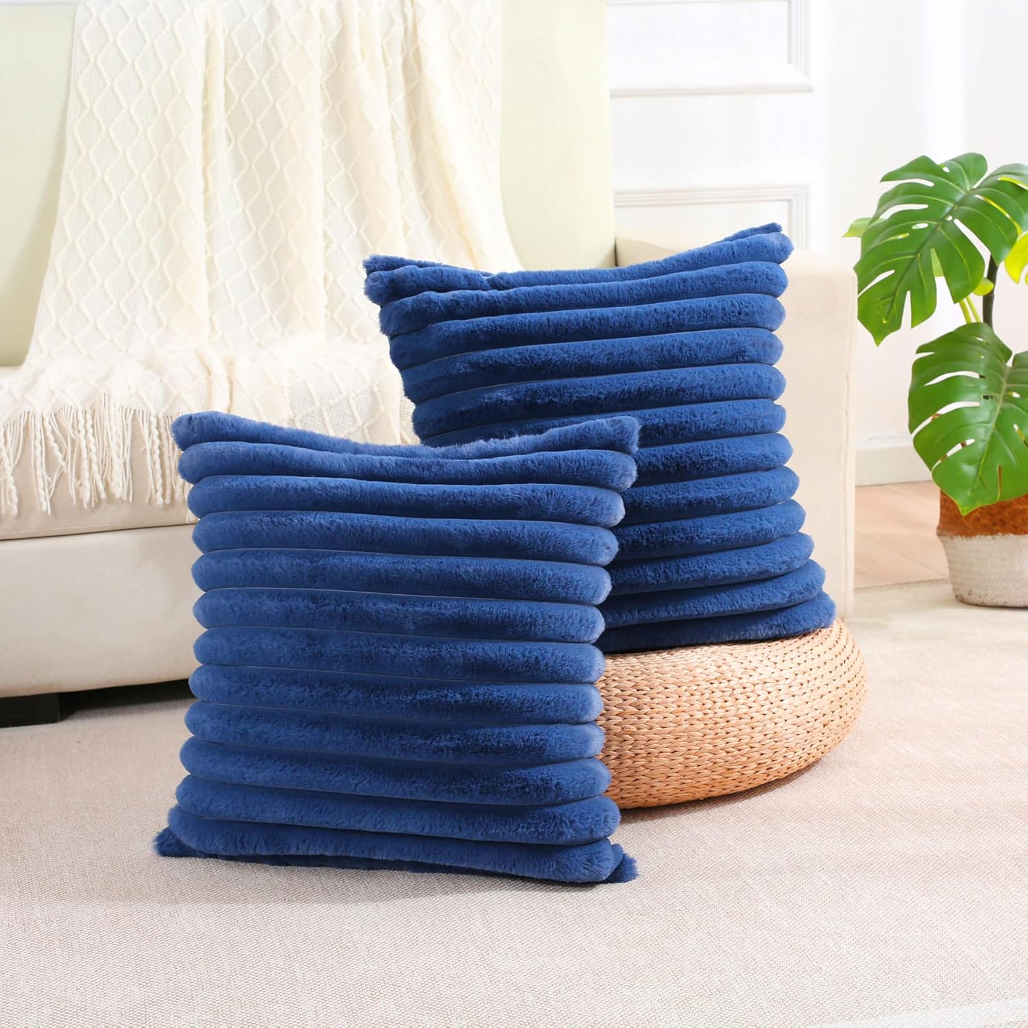 FUTEI – Juego de 2 fundas de almohada decorativas con rayas de color azul marino, 22 x 22 pulgadas, cuadradas y primaverales, piel sintética de