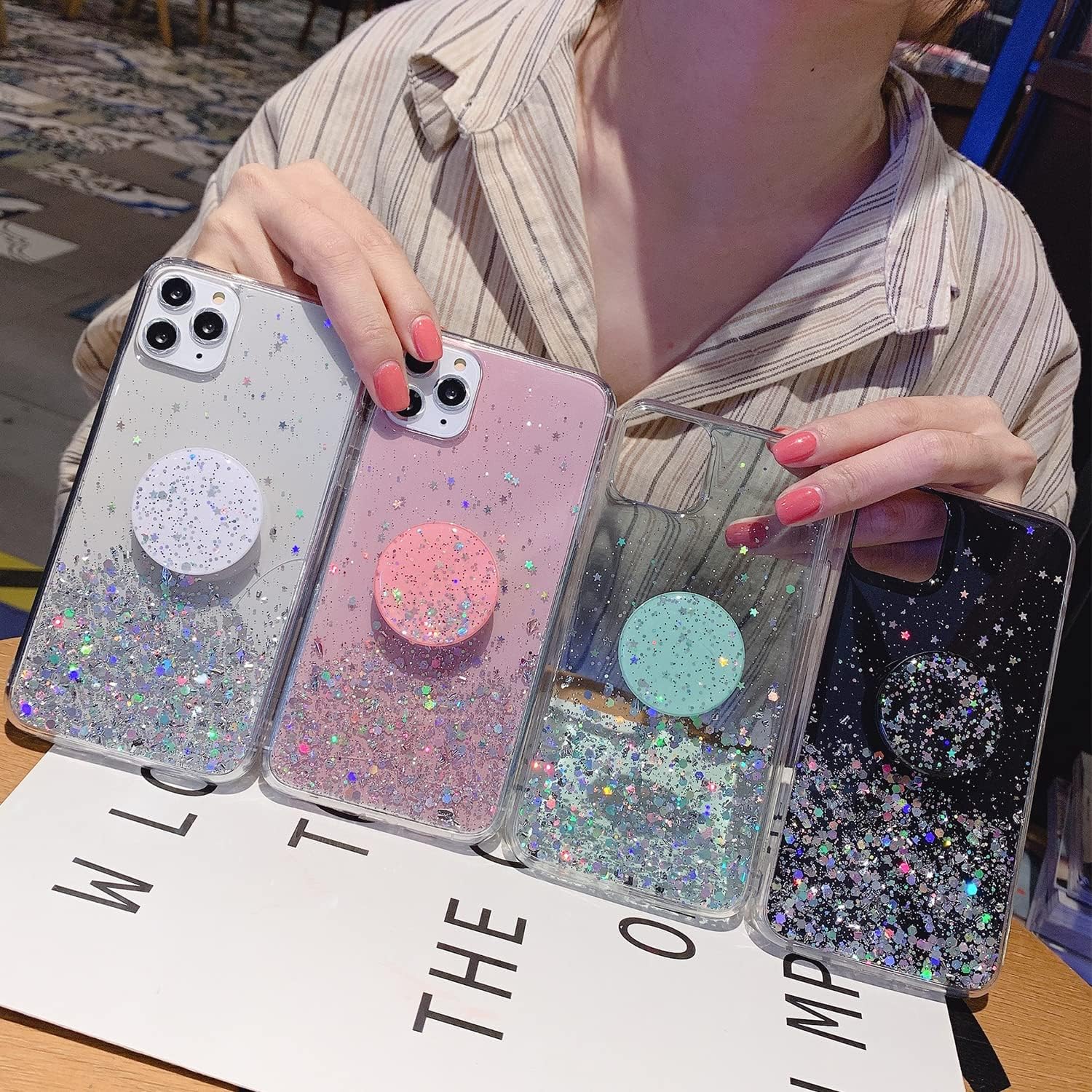 MUYEFW Funda con purpurina para Samsung Galaxy S22 Ultra de 6.8 pulgadas, con soporte de anillo, bonita funda transparente para mujer, con soporte