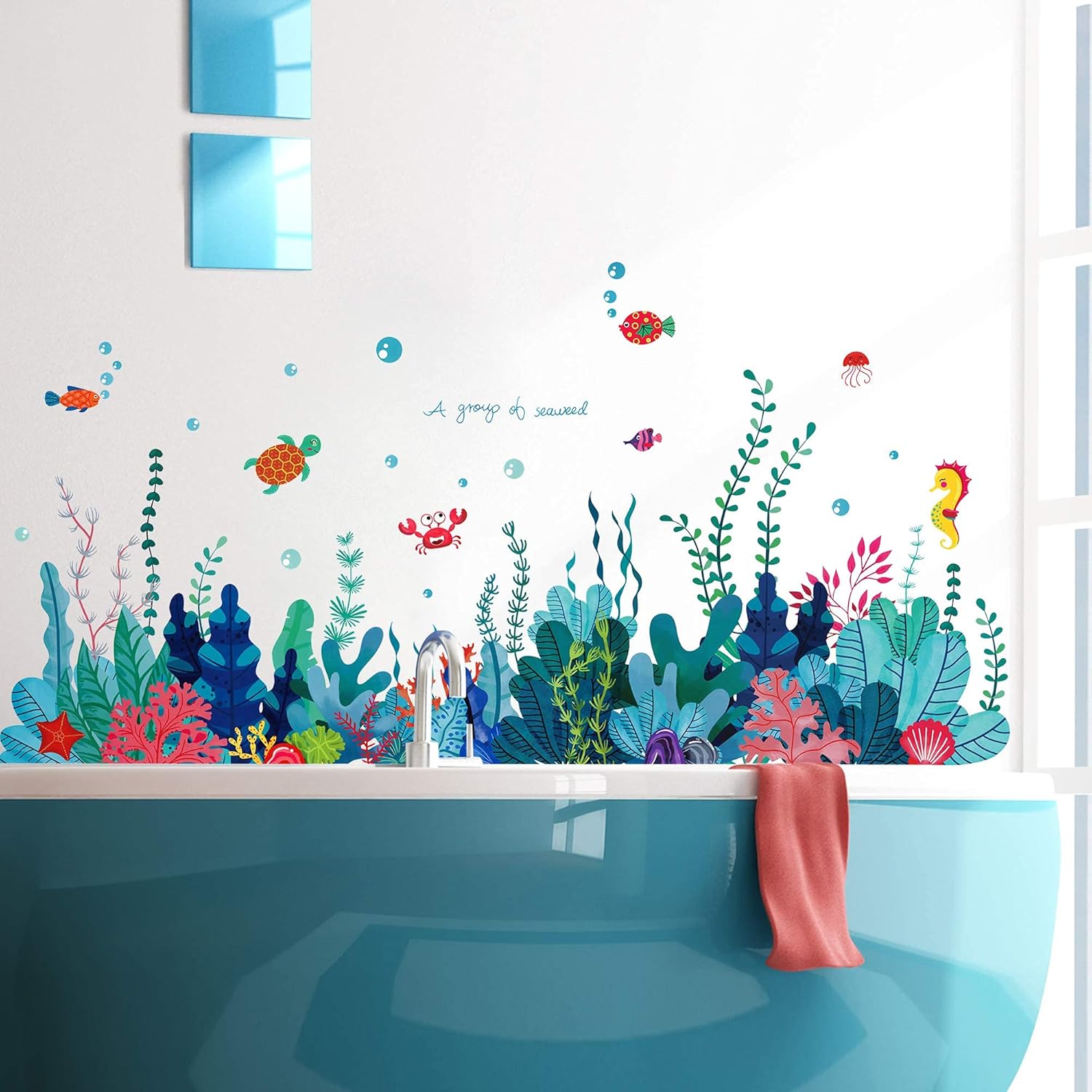 RW – 6794 – Adhesivo de pared extraíble 3D bajo el mar con vista al mar, calcomanías de pared de algas marinas coral océano, murales para despegar y