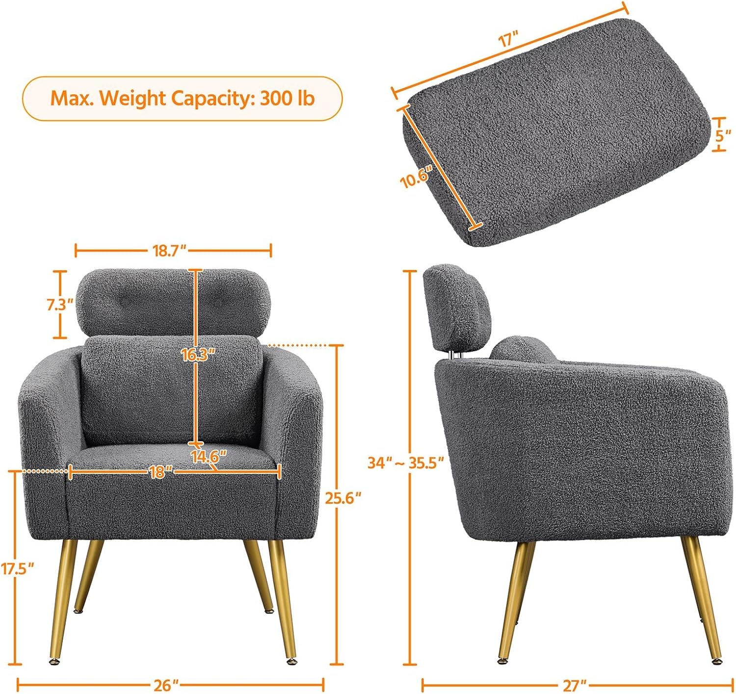 Yaheetech Silla decorativa, acogedora silla de sala de estar con reposacabezas ajustable, silla de tocador Boucle con almohada lumbar y patas