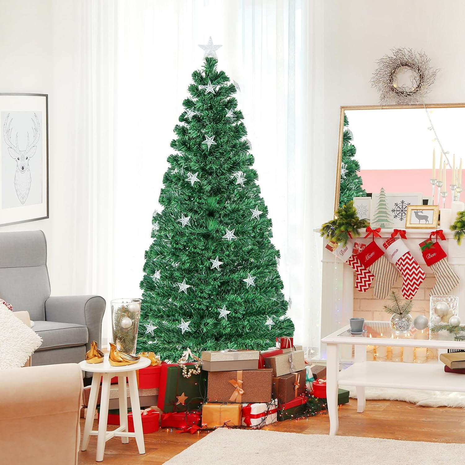HAPPYGRILL Árbol de Navidad preiluminado de 6 pies, árbol de Navidad artificial con 230 puntas de rama, 30 luces de estrella blancas cálidas, fibra