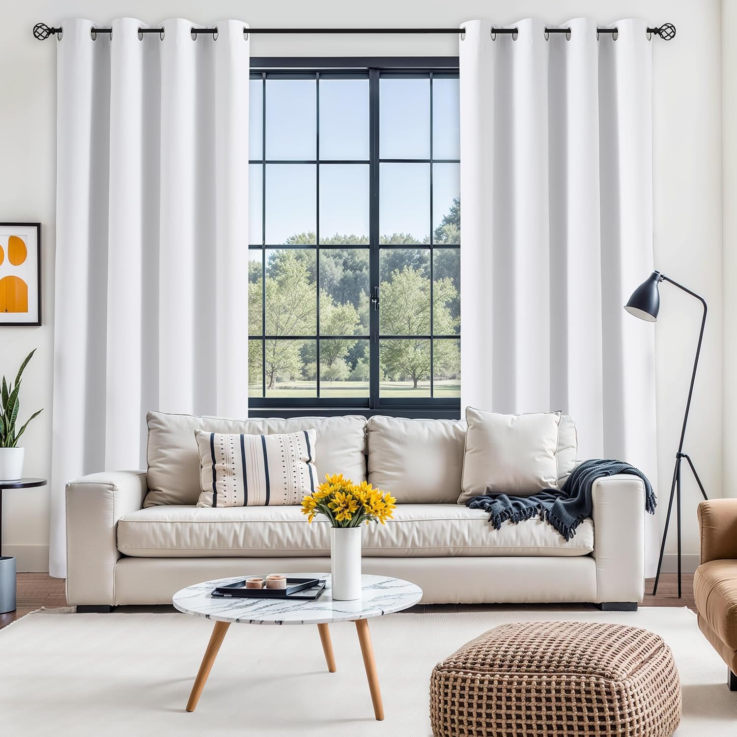 Jubilantex Cortinas opacas texturizadas de lino blanco puro de 63 pulgadas de largo para dormitorio, ventana pequeña, granja, ahorro de energía,