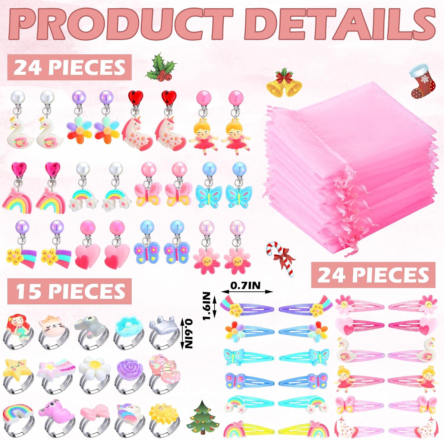 63 piezas de joyería de juego para niñas pequeñas, collar de cuentas de princesa para niños, pulseras, anillos, pinzas para el cabello, aretes con