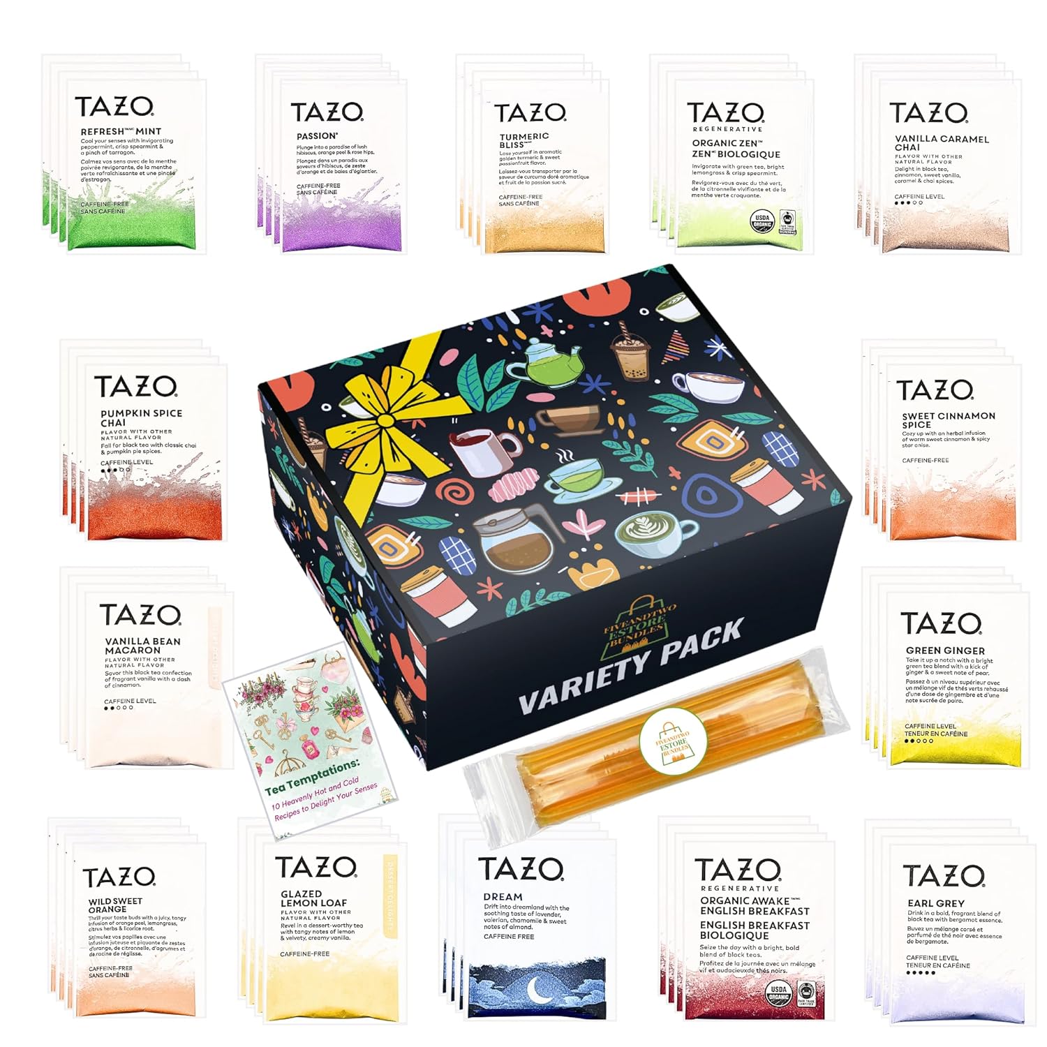 Juego de muestras de té de otoño y Navidad. 56 bolsitas de té, 14 sabores festivos, caja de té, 10 palitos de miel, libro electrónico de recetas en