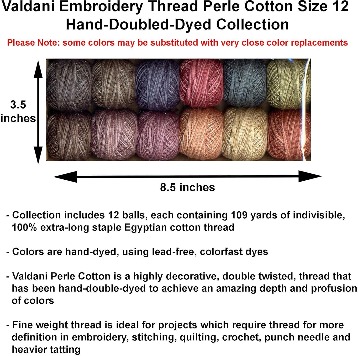 Valdani Hilo de bordar Perle Cotton Tamaño 12 Teñido a mano Doble Colección Heirloom Europea Incluido con Destripador de Costura Artsiga Crafts y