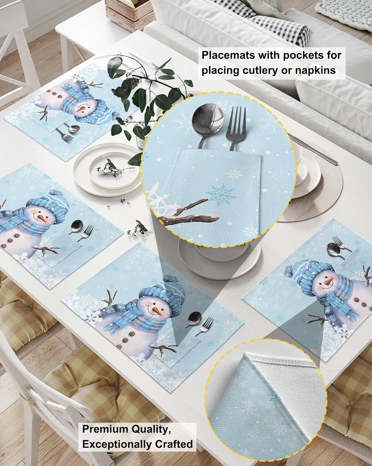 Juego de 4 manteles individuales con diseño de muñeco de nieve, tejido lavable y lavable con bolsillo, mantel de mesa de tela navideña para fiestas,