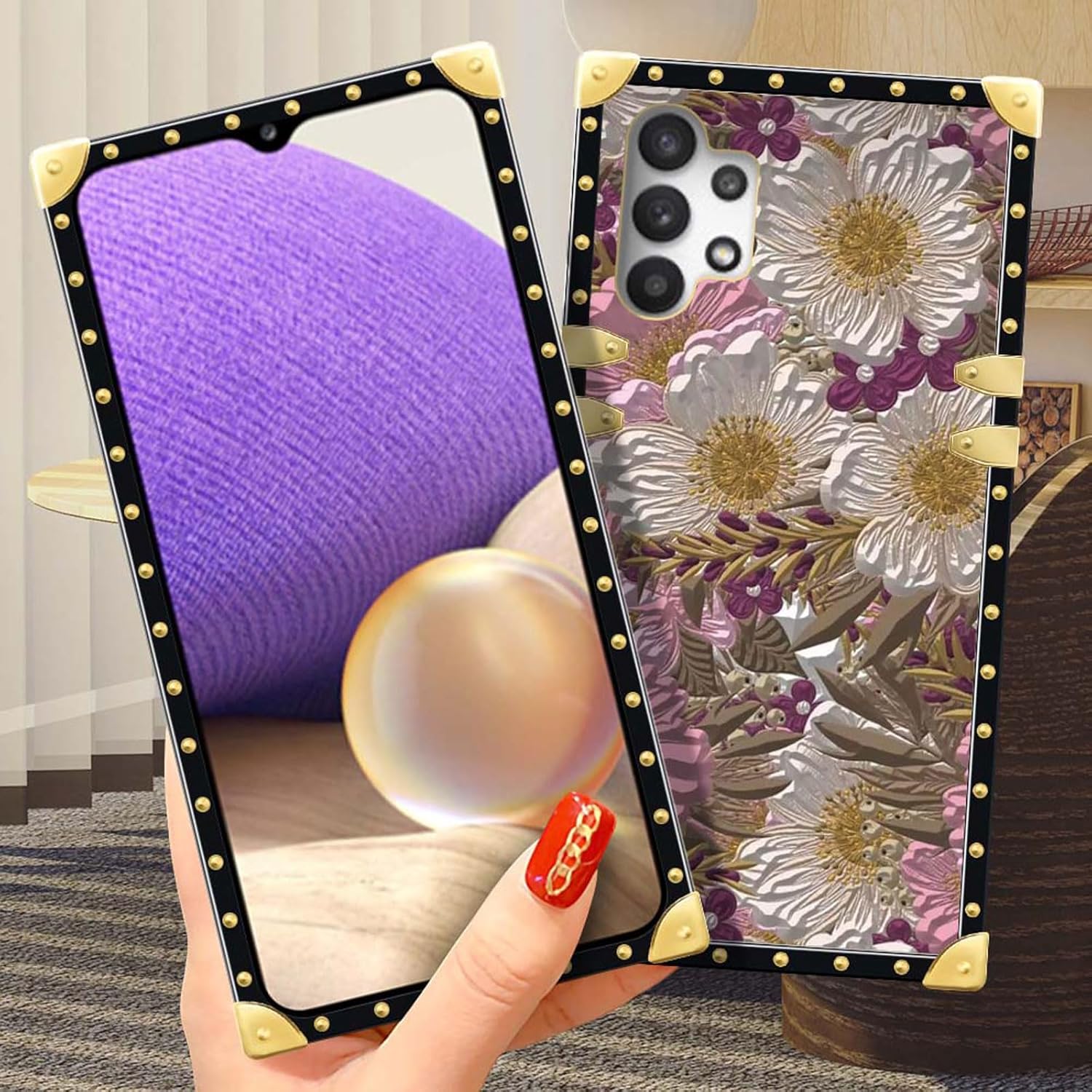 Compatible con Samsung Galaxy A32 5G Pintura al óleo Flores Artísticas Funda de Teléfono Cuadrado Dorado Suave TPU A Prueba de Golpes y Caídas