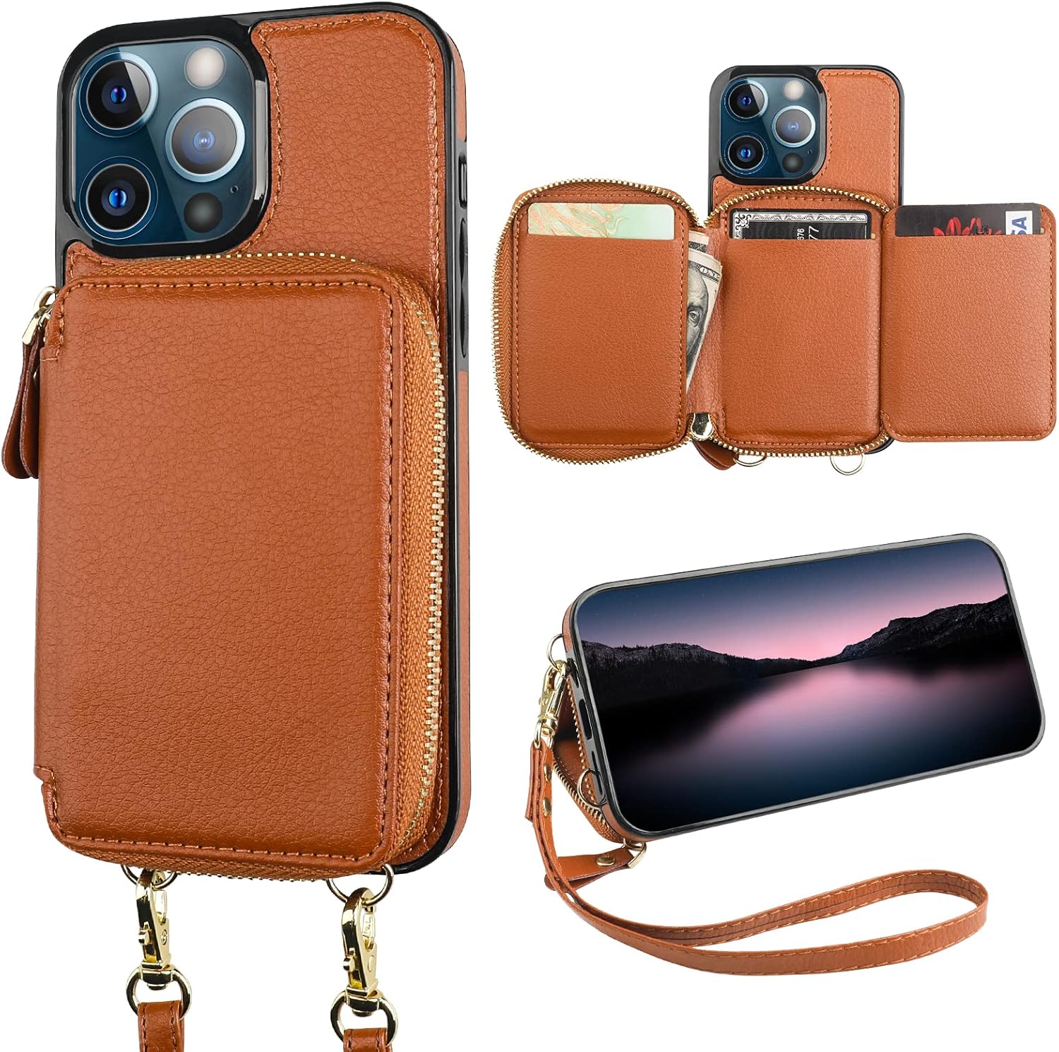 Bocasal Funda tipo cartera con bloqueo RFID para iPhone 13 Pro, funda cruzada ajustable con cremallera, tarjetero con función atril y correa de
