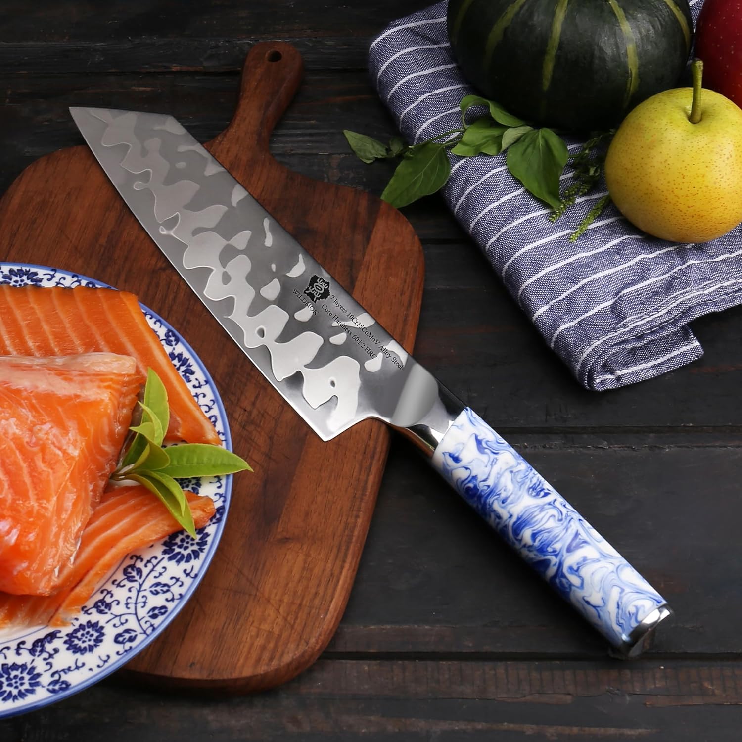 WILDMOK Cuchillo Kiritsuke de 8.5 pulgadas, 7 capas de acero revestido 10Cr15CoMoV con mango de resina de porcelana azul y blanca, cuchillos de chef