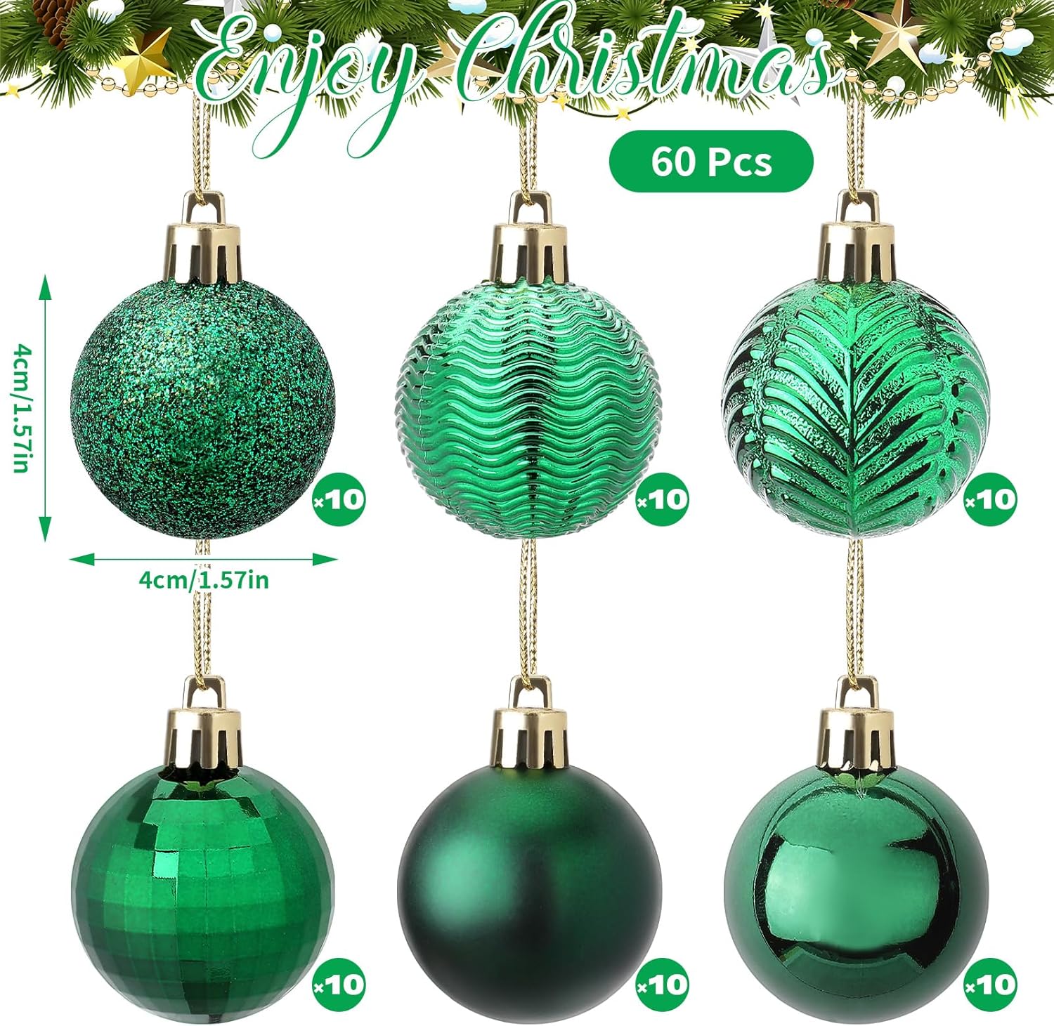 60 esferas de Navidad color verde esmeralda, adornos de plástico de 1.57 pulgadas, adornos de árbol de Navidad con lazo para colgar, para fiestas de