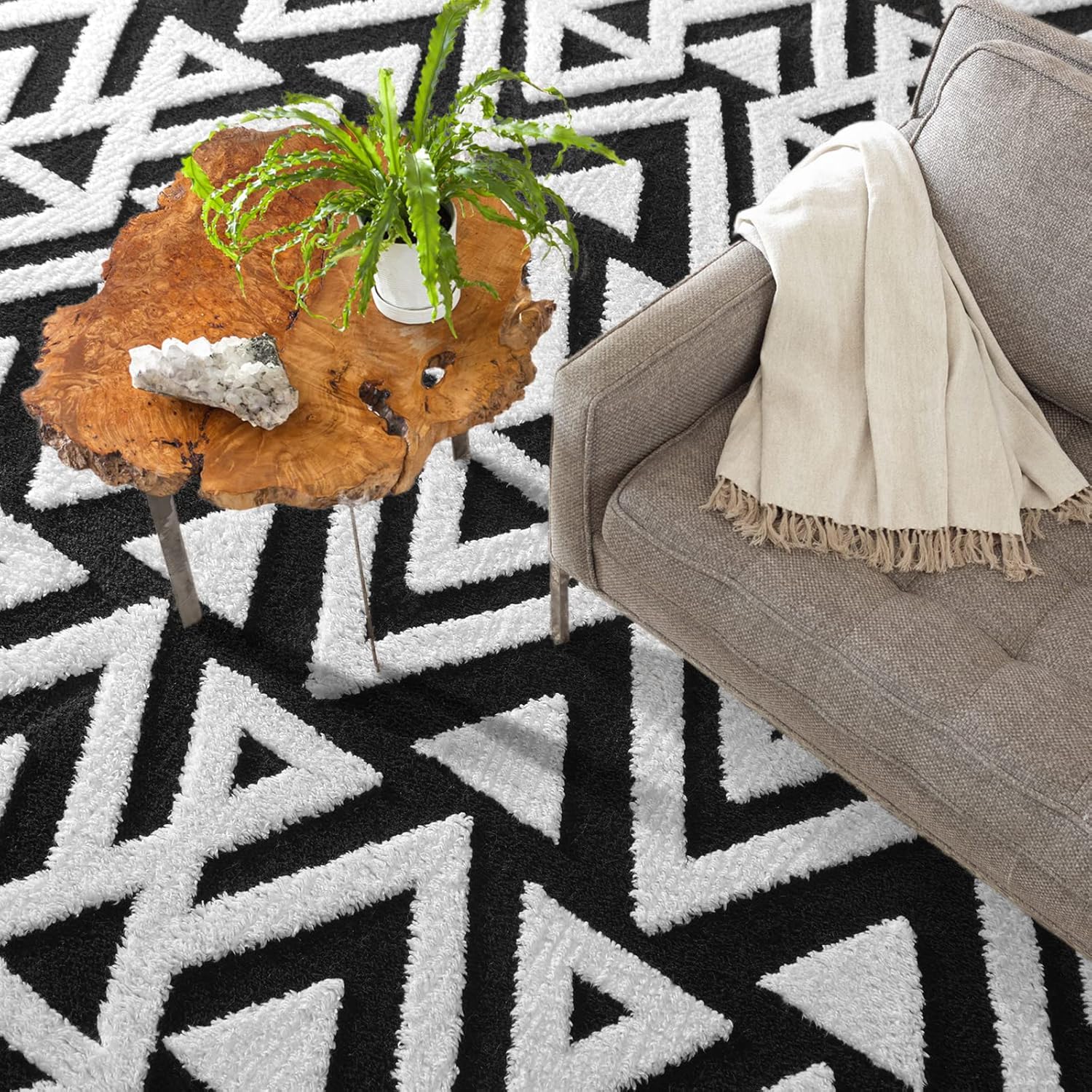 Ompaa Alfombras geométricas ultrasuaves de espuma viscoelástica, color negro, de 5 x 8 pies, acogedoras alfombras para sala de estar, sofá,