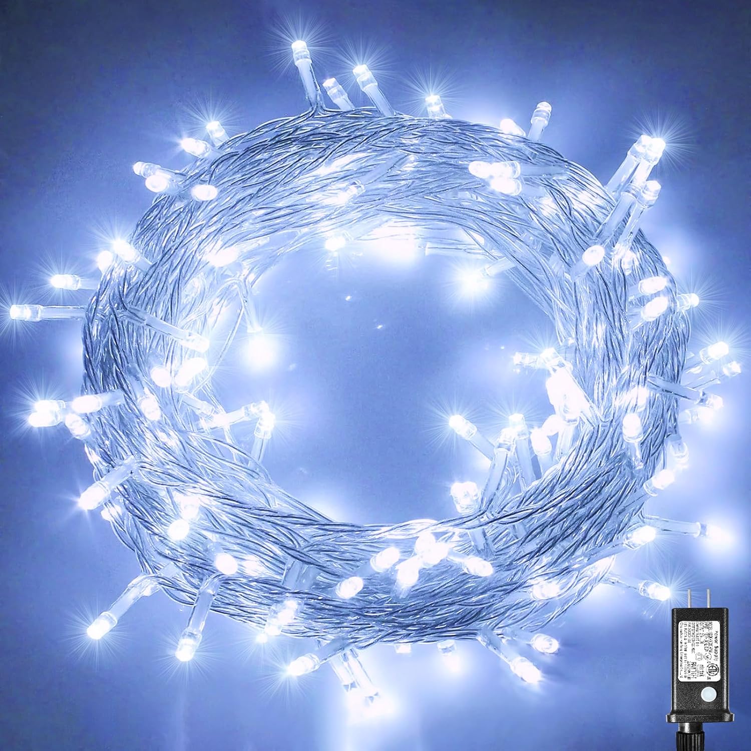 100 luces LED de Navidad de 33 pies para exteriores, 8 modos, tira de luces de Navidad con cable transparente con memoria de tiempo, tira de luces