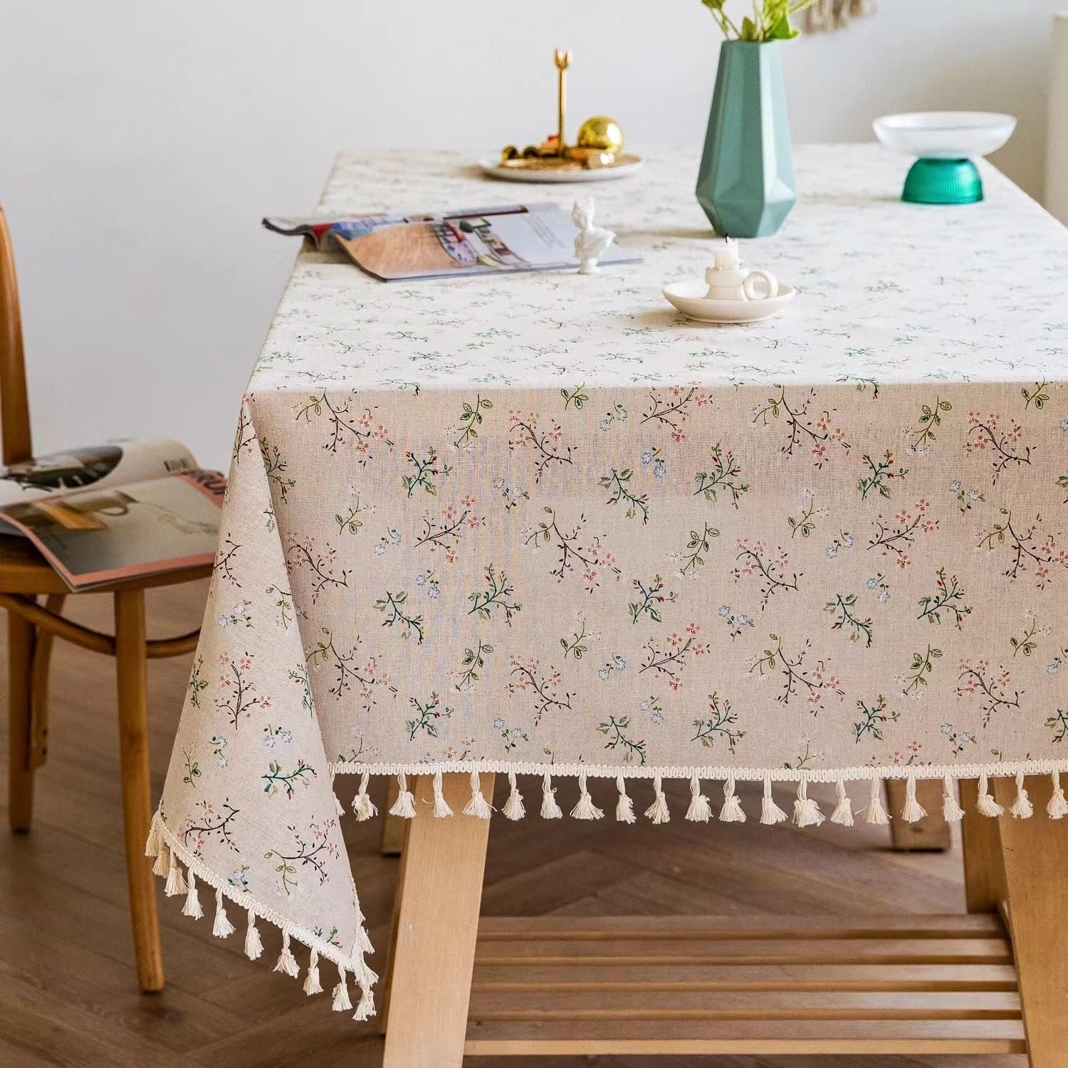 YUURAIN VUVU – Mantel rectangular de algodón con varios patrones de plantas, con borlas y costuras para cocina, comedor, mesa, decoración, fiesta de