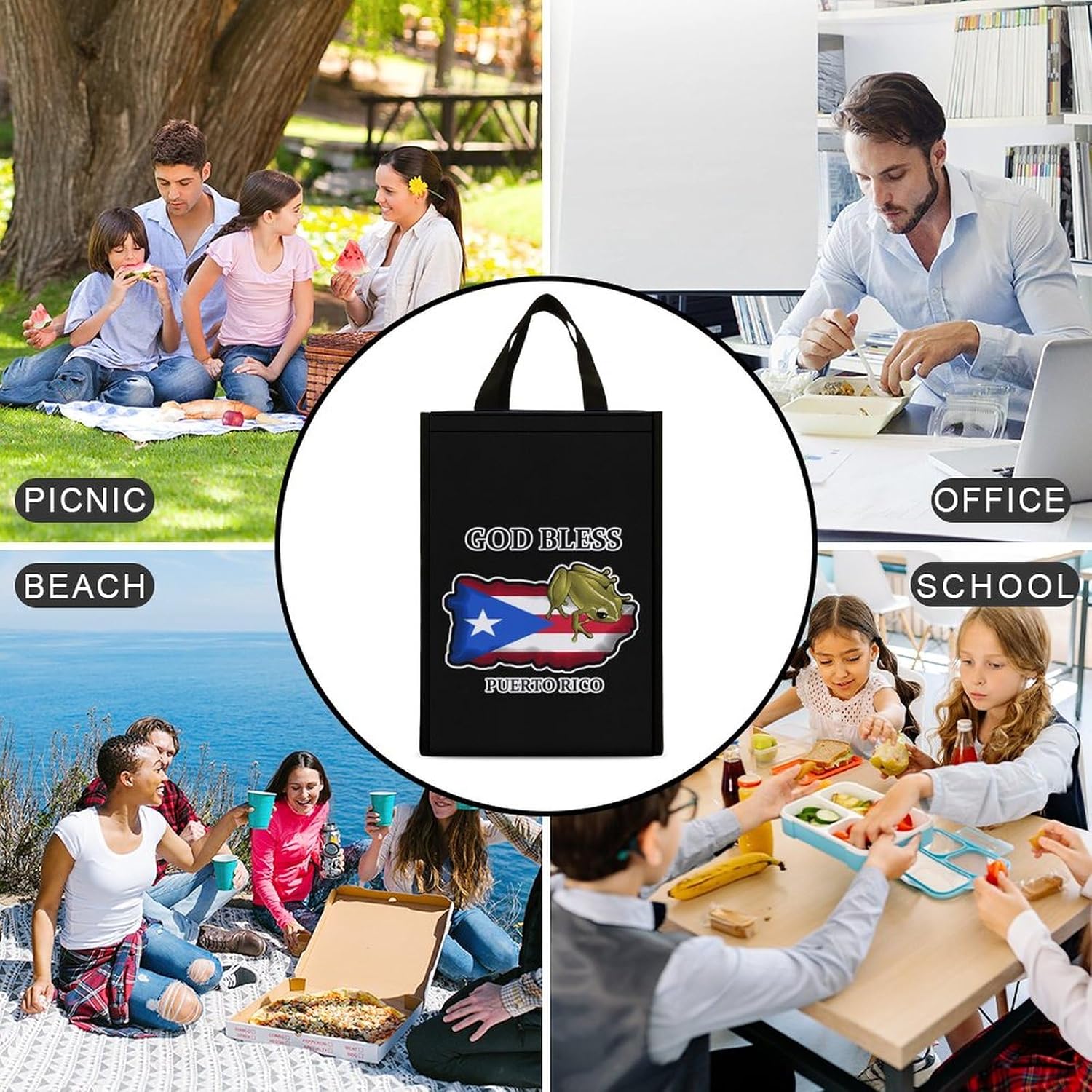God Bless Puerto Rico – Bolsa de almuerzo aislada plegable, portátil, bolsa de almuerzo para hombres y mujeres