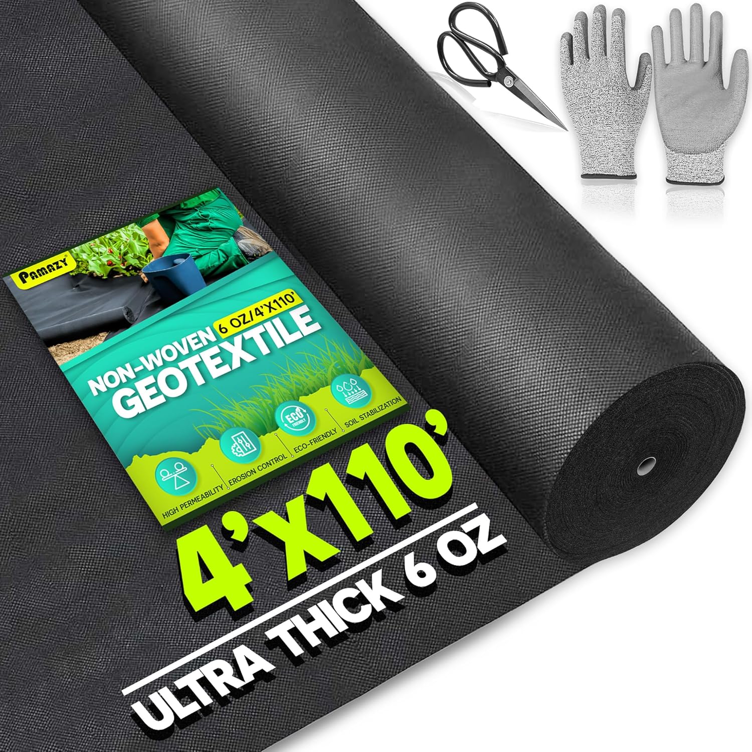 PAMAZY Premium Tela geotextil no tejida de 6 onzas, 4 x 110 pies (guantes y tijeras incluidos), tela de drenaje resistente para desagües franceses,