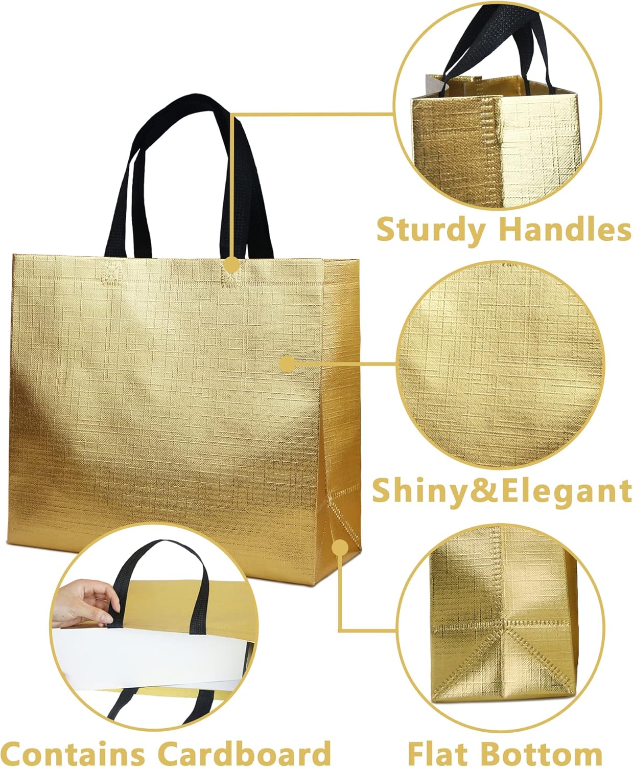 FONXHEE Paquete de 12 bolsas de regalo doradas con asas, bolsas de regalo reutilizables, bolsas de regalo brillantes, bolsas de regalo metálicas no