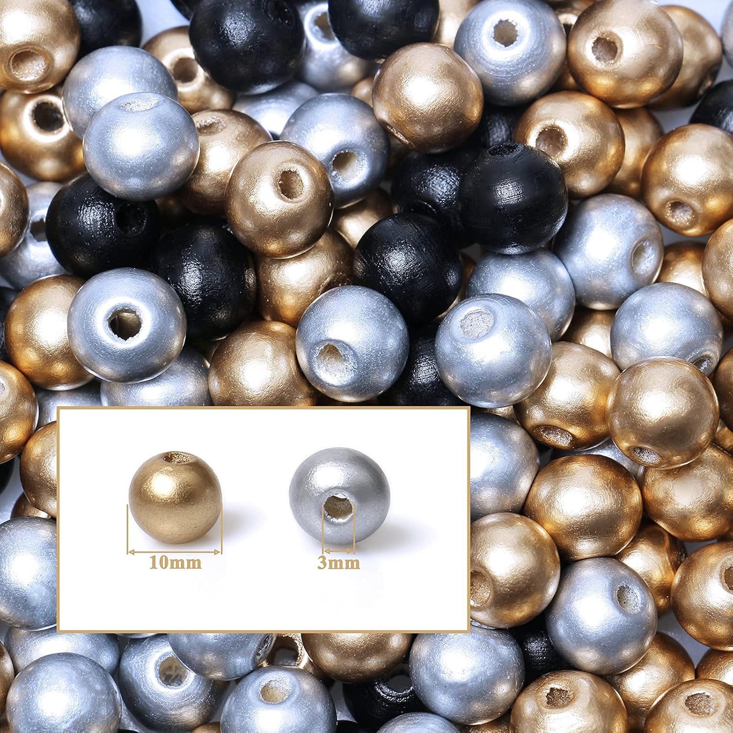 Cuentas de madera de 0.394 in para la fabricación de joyas, 300 cuentas redondas de madera de color negro y dorado y plateado, cuentas sueltas de