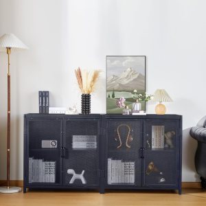 Gabinete de buffet, armario de almacenamiento de buffet moderno con puertas de rejilla de hierro y escritorio de madera, aparador independiente para Gabinete de buffet, armario de almacenamiento de buffet moderno con puertas de rejilla de hierro y escritorio de madera, aparador independiente para