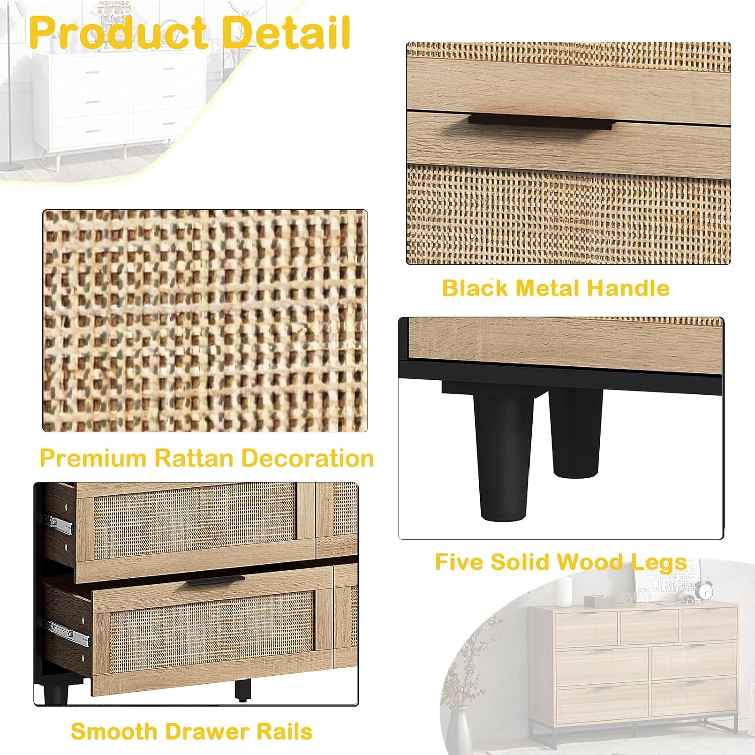 Cómoda de 43 pulgadas de ancho para dormitorio, cómoda de mediados de siglo para sala de estar, cómoda moderna con 6 cajones, mango de metal negro y