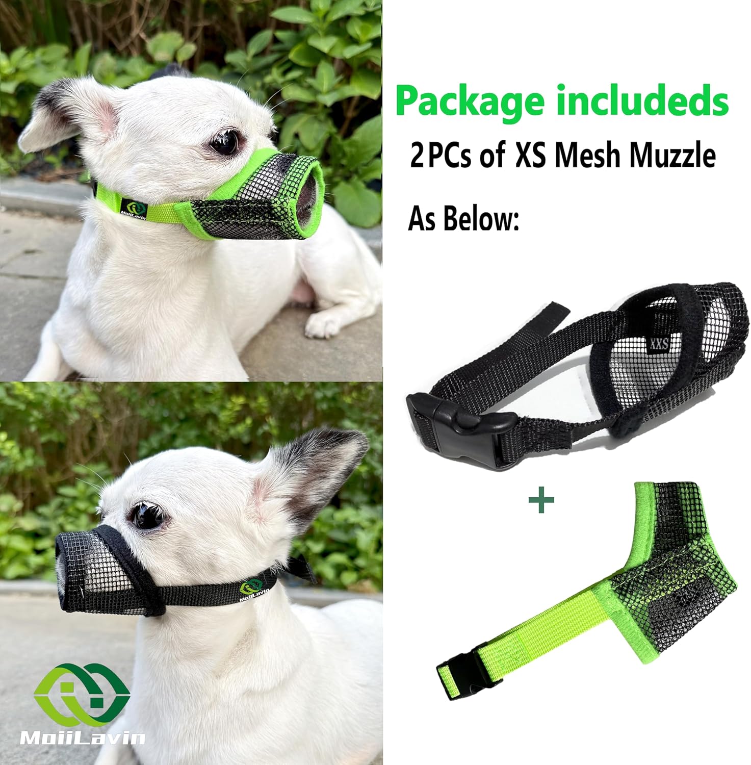 MoiiLavin Bozal para perros XS (paquete de 2) para perros pequeños con hocico largo, ajuste rápido para aseo ajustable, evita que muerdan, ladren y